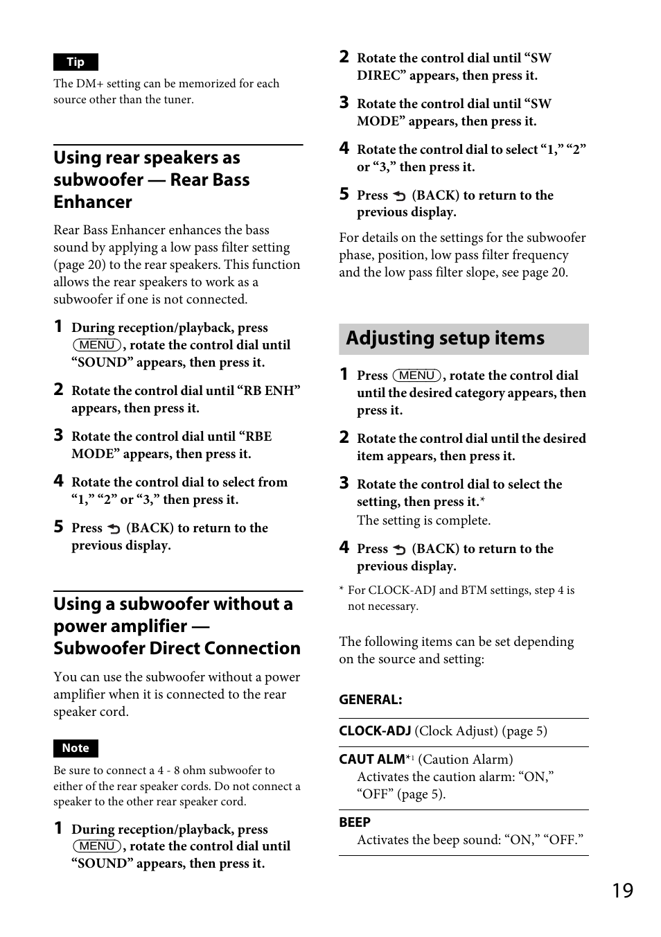 Adjusting setup items | Sony CDX-GT57UPW User Manual | Page 19 / 64