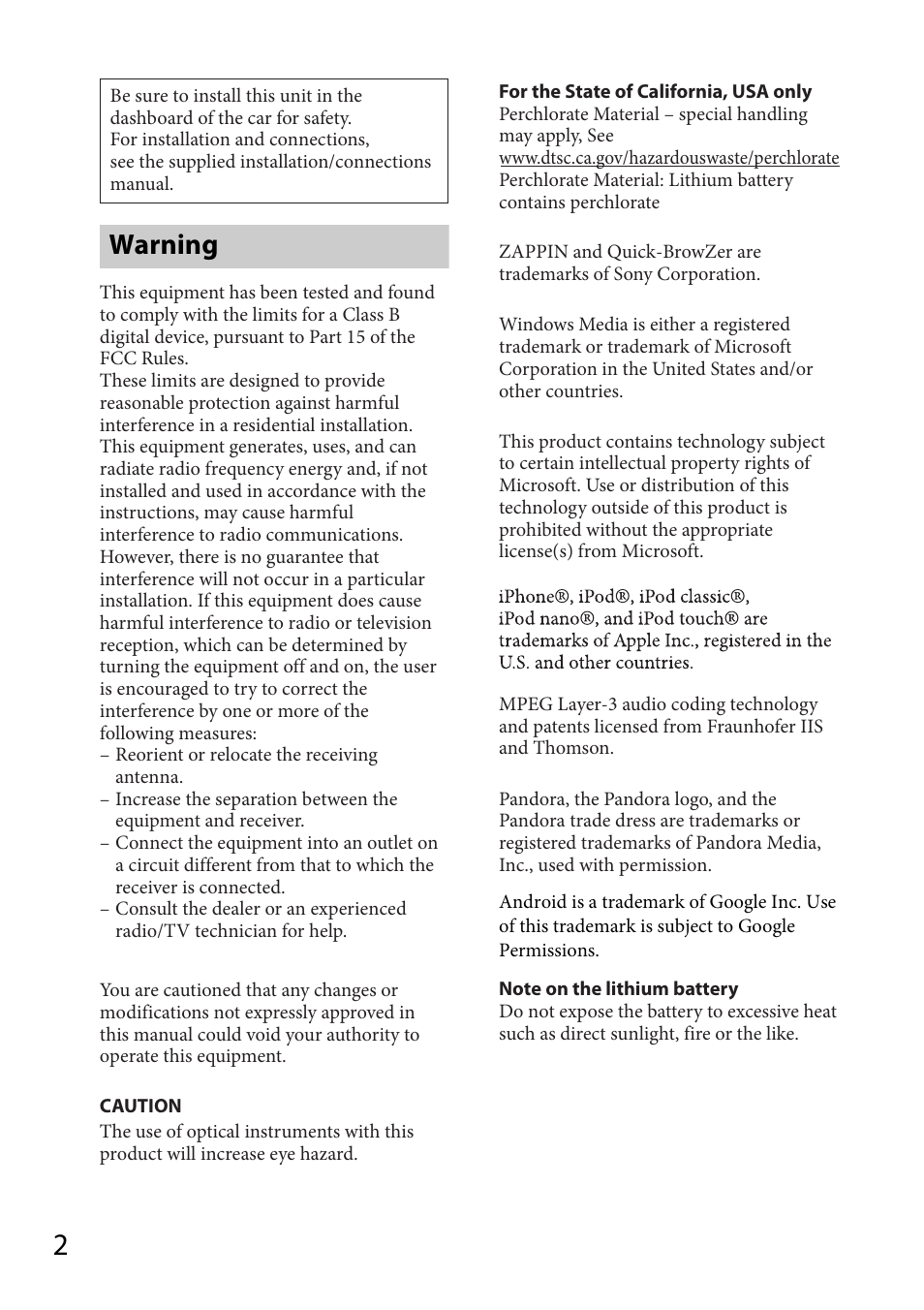 Warning | Sony CDX-GT57UPW User Manual | Page 2 / 64