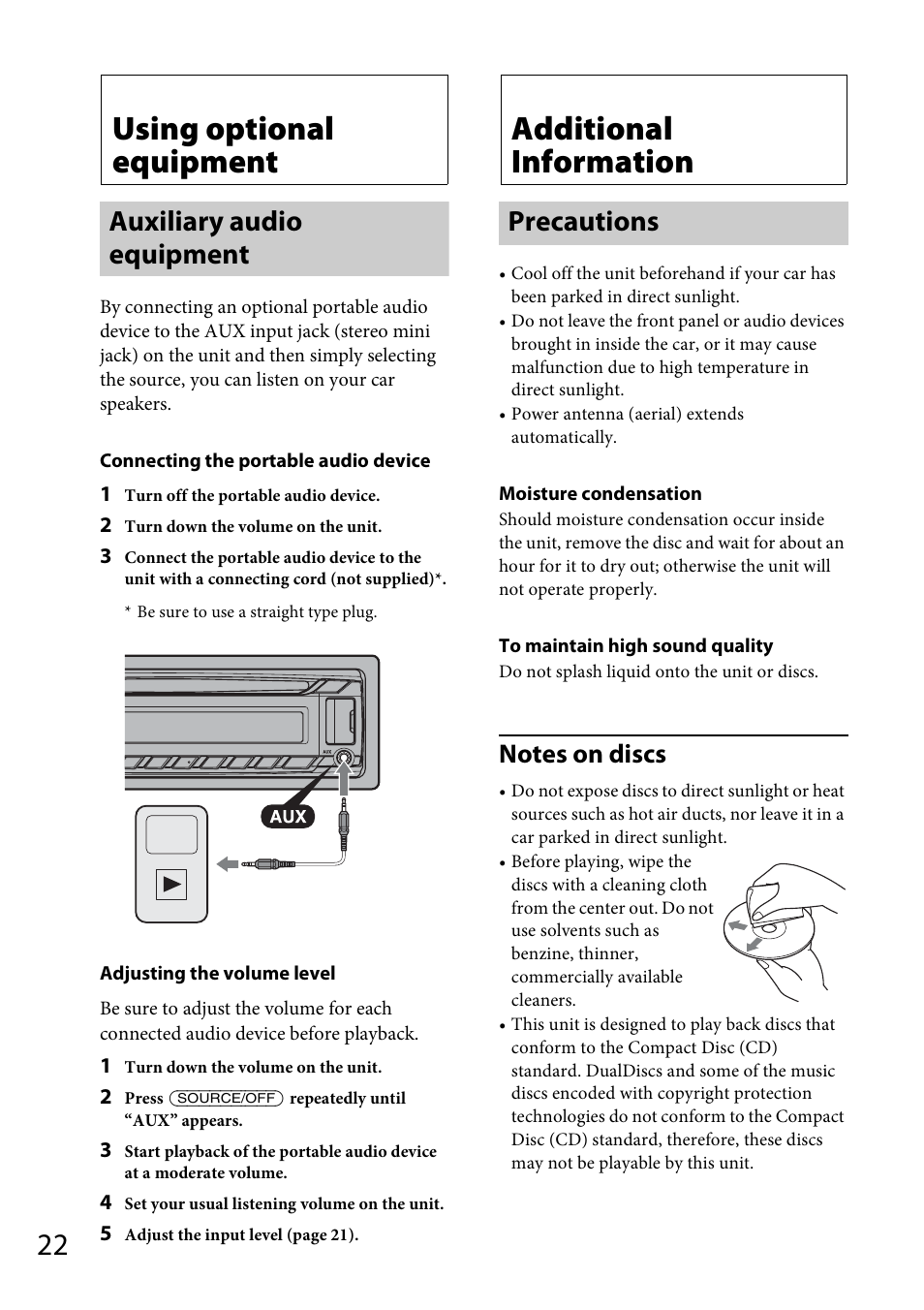 Using optional equipment, Auxiliary audio equipment, Additional information | Precautions | Sony CDX-GT57UPW User Manual | Page 22 / 64