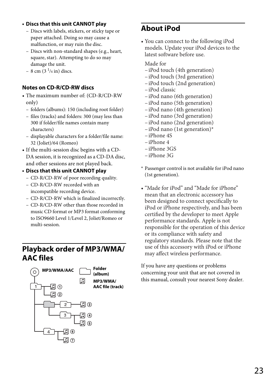 Playback order of mp3/wma/ aac files about ipod | Sony CDX-GT57UPW User Manual | Page 23 / 64