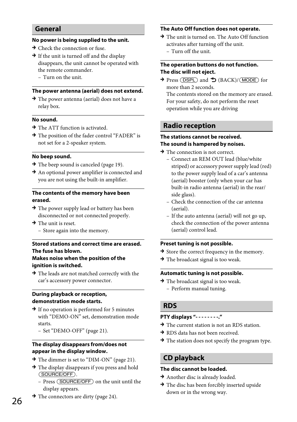 General, Radio reception, Cd playback | Sony CDX-GT57UPW User Manual | Page 26 / 64