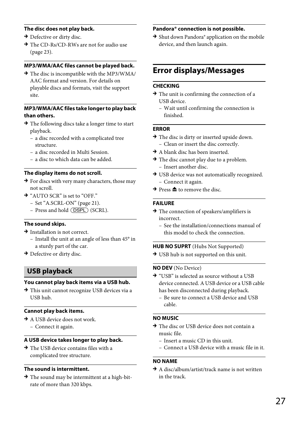 Error displays/messages, Usb playback | Sony CDX-GT57UPW User Manual | Page 27 / 64