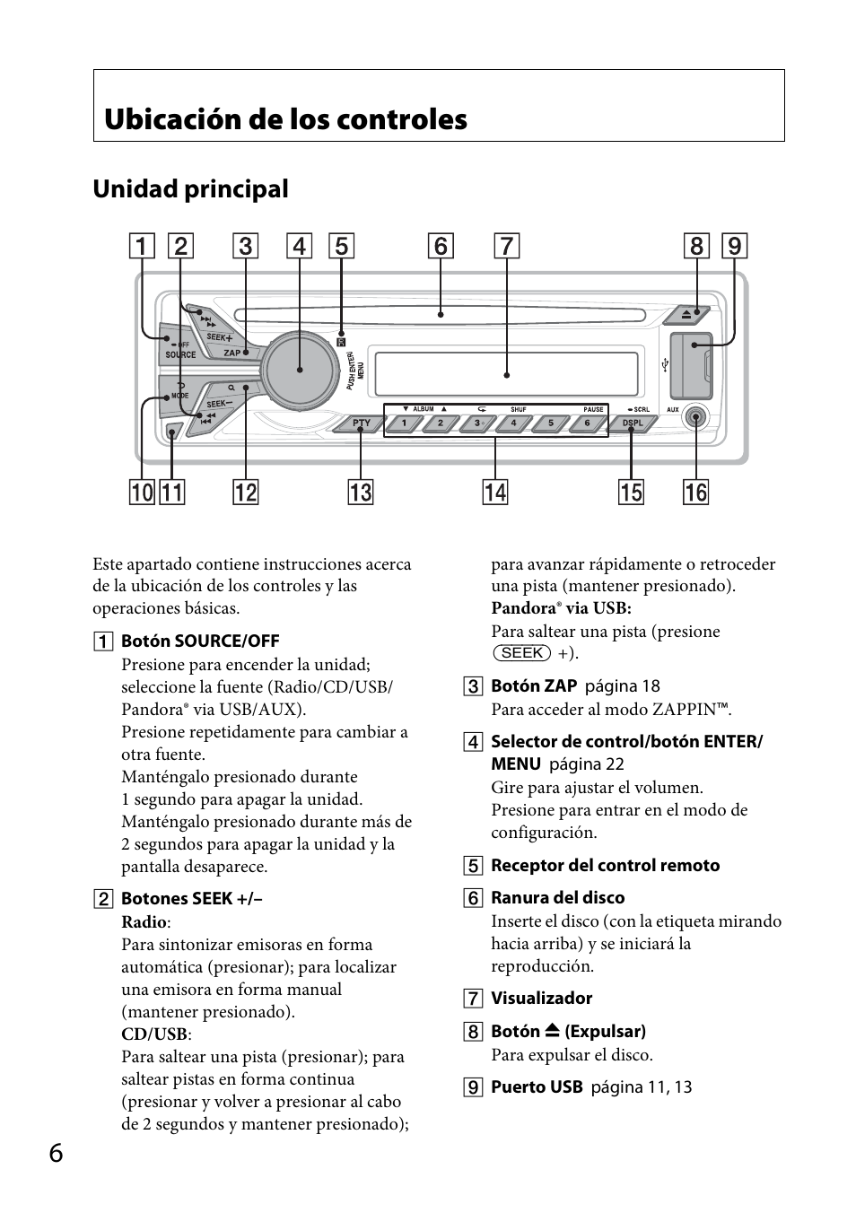 Ubicación de los controles, Unidad principal | Sony CDX-GT57UPW User Manual | Page 34 / 64