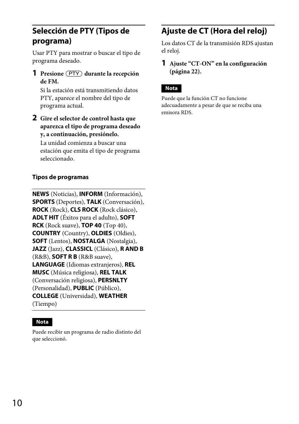 Selección de pty (tipos de programa), Ajuste de ct (hora del reloj) | Sony CDX-GT57UPW User Manual | Page 38 / 64