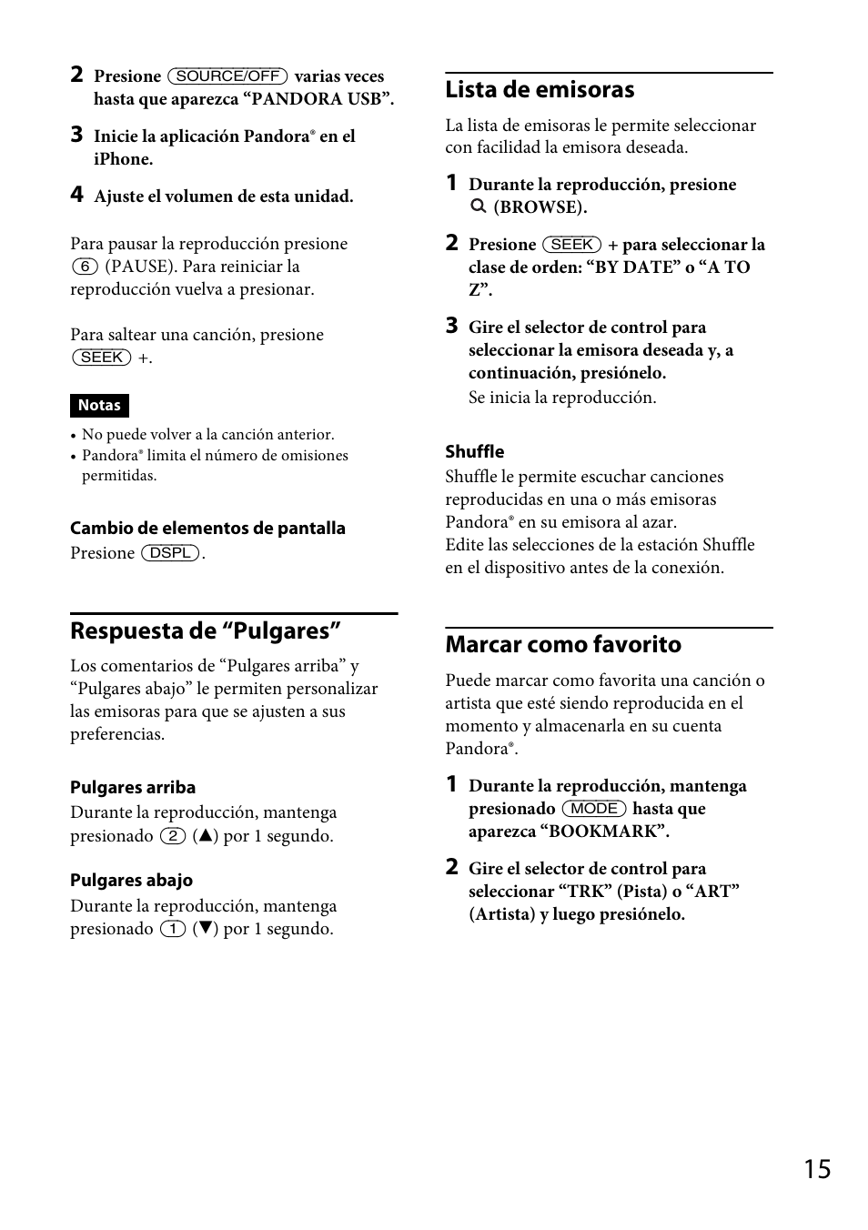 Respuesta de “pulgares, Lista de emisoras, Marcar como favorito | Sony CDX-GT57UPW User Manual | Page 43 / 64