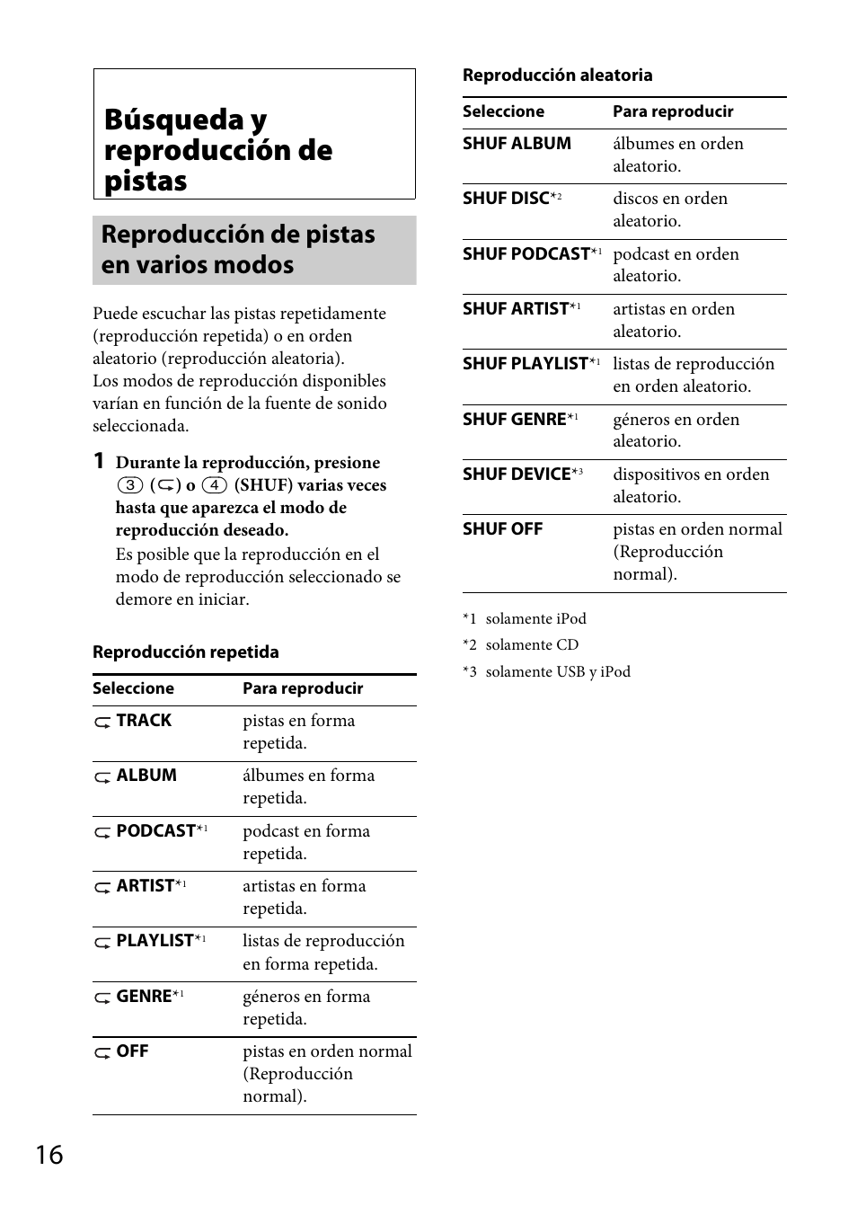 Búsqueda y reproducción de pistas, Reproducción de pistas en varios modos | Sony CDX-GT57UPW User Manual | Page 44 / 64