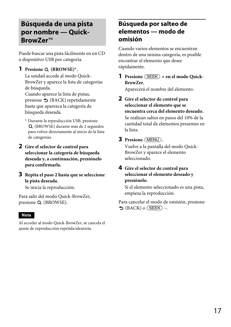 Búsqueda de una pista por nombre — quick-browzer, Búsqueda de una pista por nombre — quick- browzer, Búsqueda por salteo de elementos — modo de omisión | Sony CDX-GT57UPW User Manual | Page 45 / 64