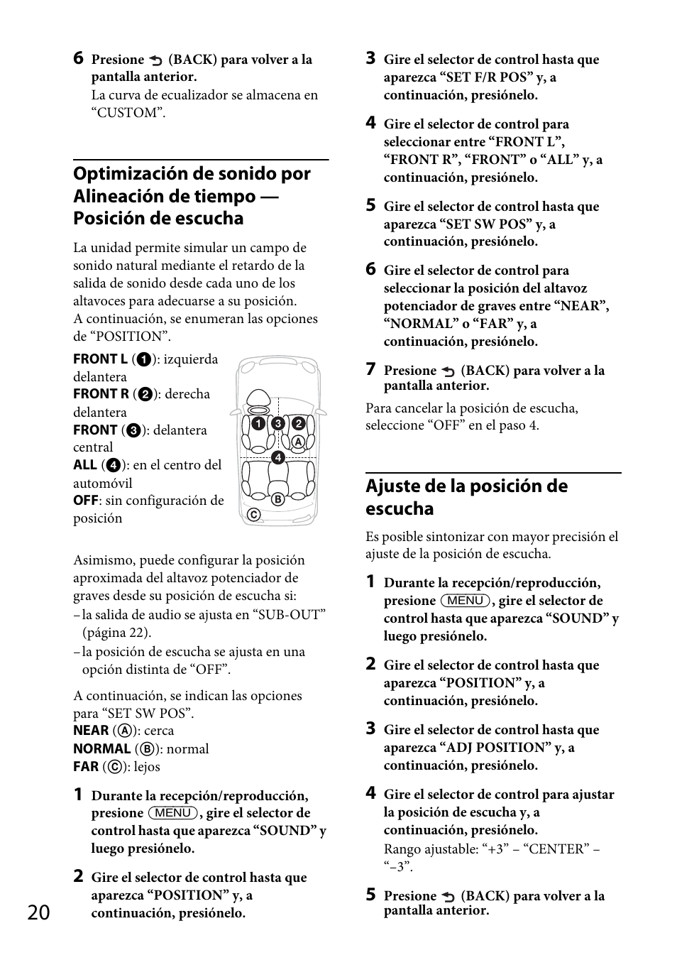 Ajuste de la posición de escucha | Sony CDX-GT57UPW User Manual | Page 48 / 64