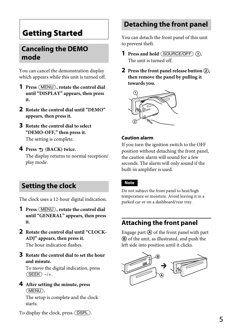 Getting started, Canceling the demo mode, Setting the clock | Detaching the front panel, Attaching the front panel | Sony CDX-GT57UPW User Manual | Page 5 / 64