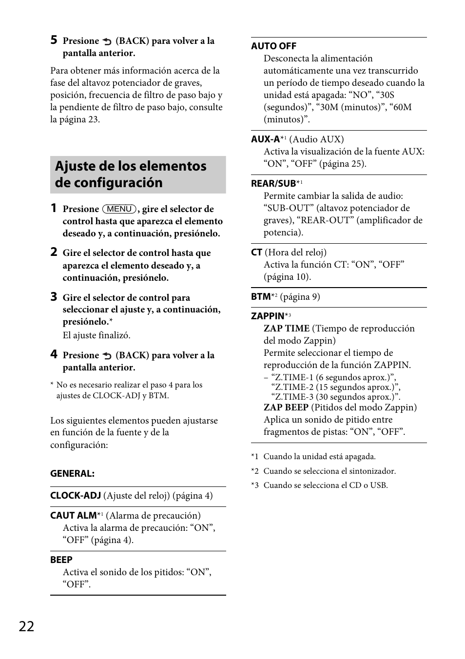 Ajuste de los elementos de configuración | Sony CDX-GT57UPW User Manual | Page 50 / 64