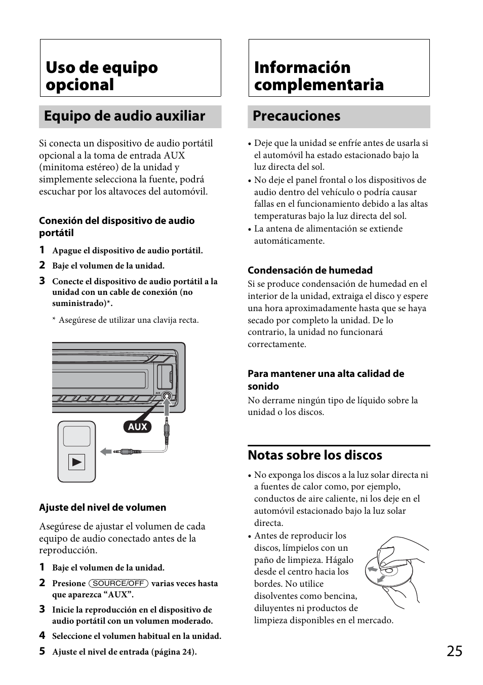 Uso de equipo opcional, Equipo de audio auxiliar, Información complementaria | Precauciones, Notas sobre los discos | Sony CDX-GT57UPW User Manual | Page 53 / 64