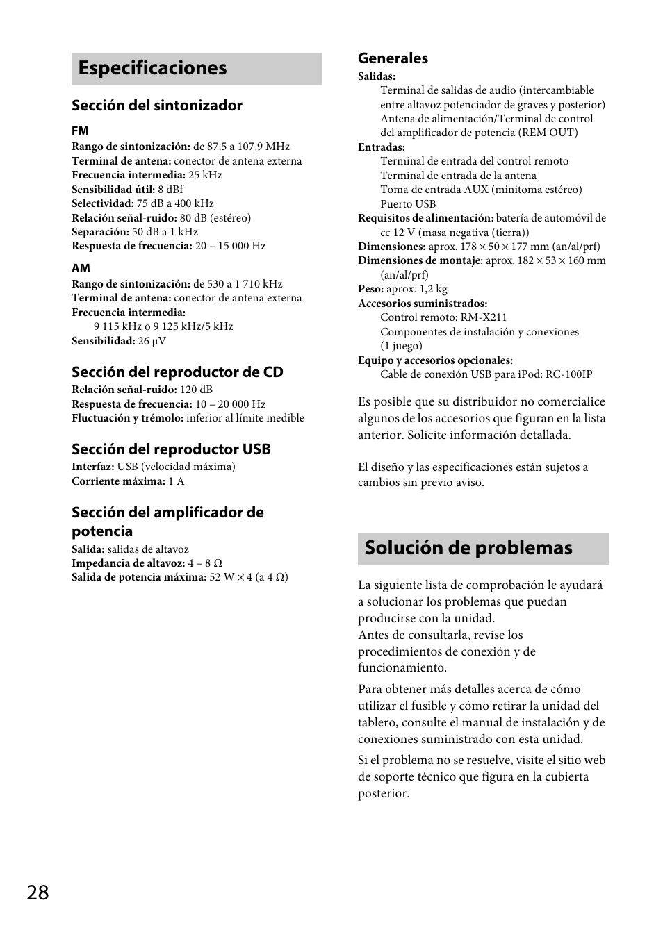 Especificaciones, Solución de problemas, Especificaciones solución de problemas | Sección del sintonizador, Sección del reproductor de cd, Sección del reproductor usb, Sección del amplificador de potencia, Generales | Sony CDX-GT57UPW User Manual | Page 56 / 64