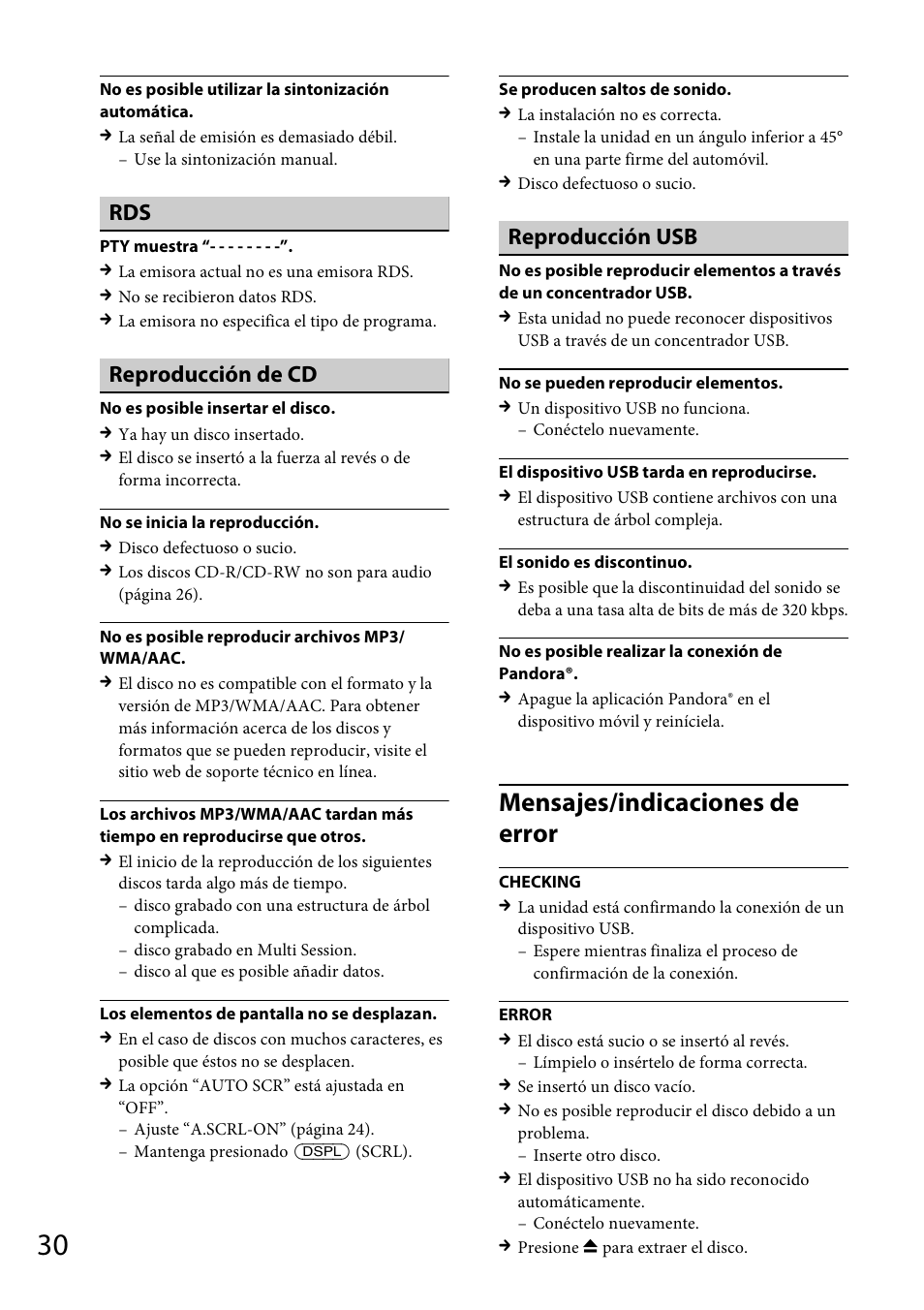 Mensajes/indicaciones de error, Reproducción de cd, Reproducción usb | Sony CDX-GT57UPW User Manual | Page 58 / 64