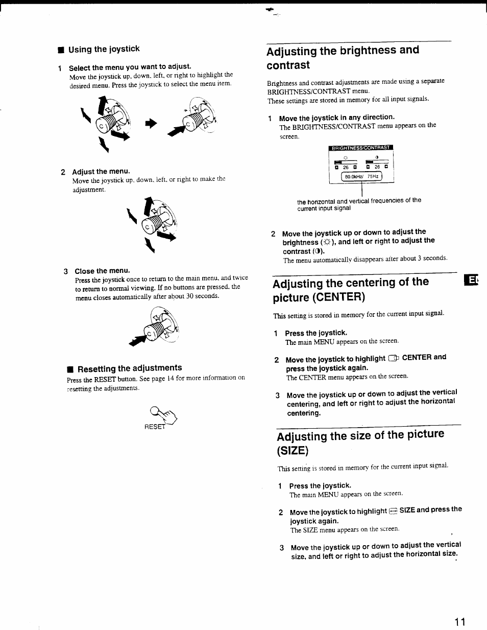 Adjusting the brightness and contrast, Adjusting the centering of the picture (center), Adjusting the size of the picture (size) | Sony GDM-F500 User Manual | Page 11 / 18