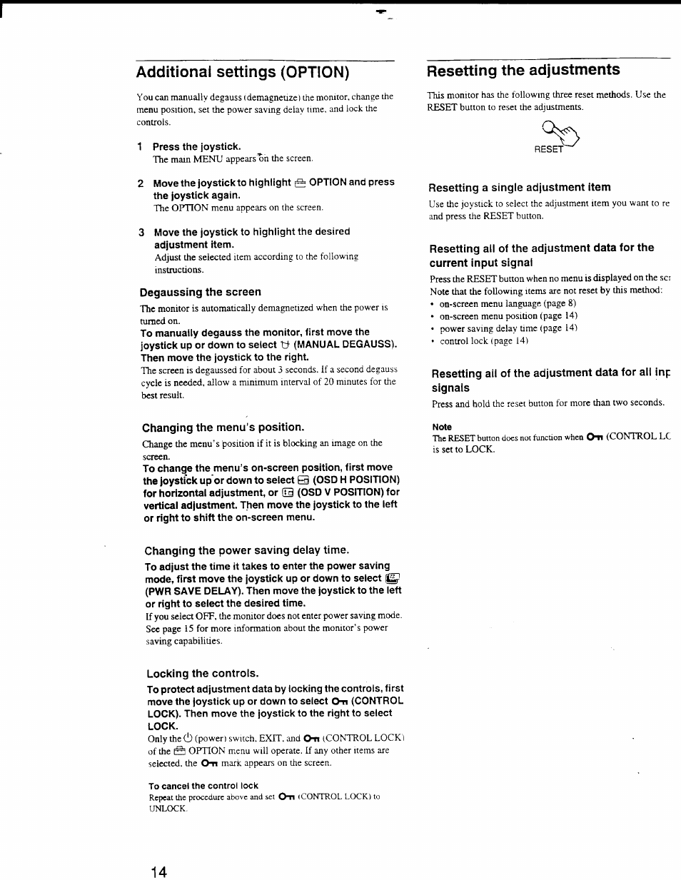 Degaussing the screen, Changing the menu's position, Resetting a single adjustment item | Changing the power saving delay time, Locking the controls | Sony GDM-F500 User Manual | Page 14 / 18