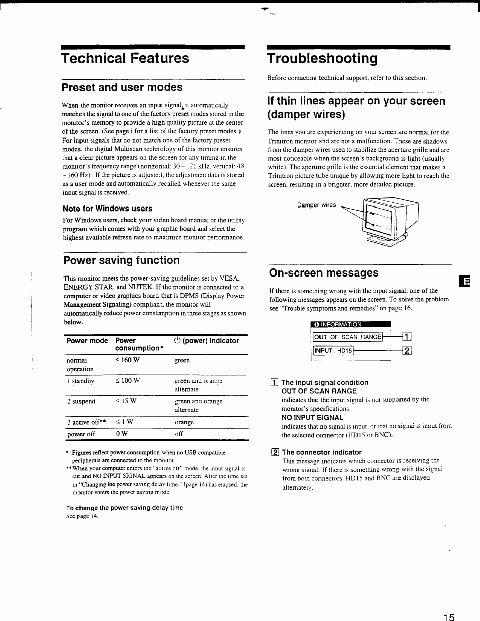 Technical features, Note tor windows users, Troubleshooting | T1 the input signal condition out of scan range, No input signal, I the connector indicator, T roubieshooting, Preset and user modes, Power saving function, If thin lines appear on your screen (damper wires) | Sony GDM-F500 User Manual | Page 15 / 18