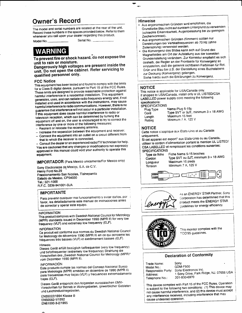 Fcc notice, Importante, Declaration of conformity | Owner’s record, Warning | Sony GDM-F500 User Manual | Page 2 / 18