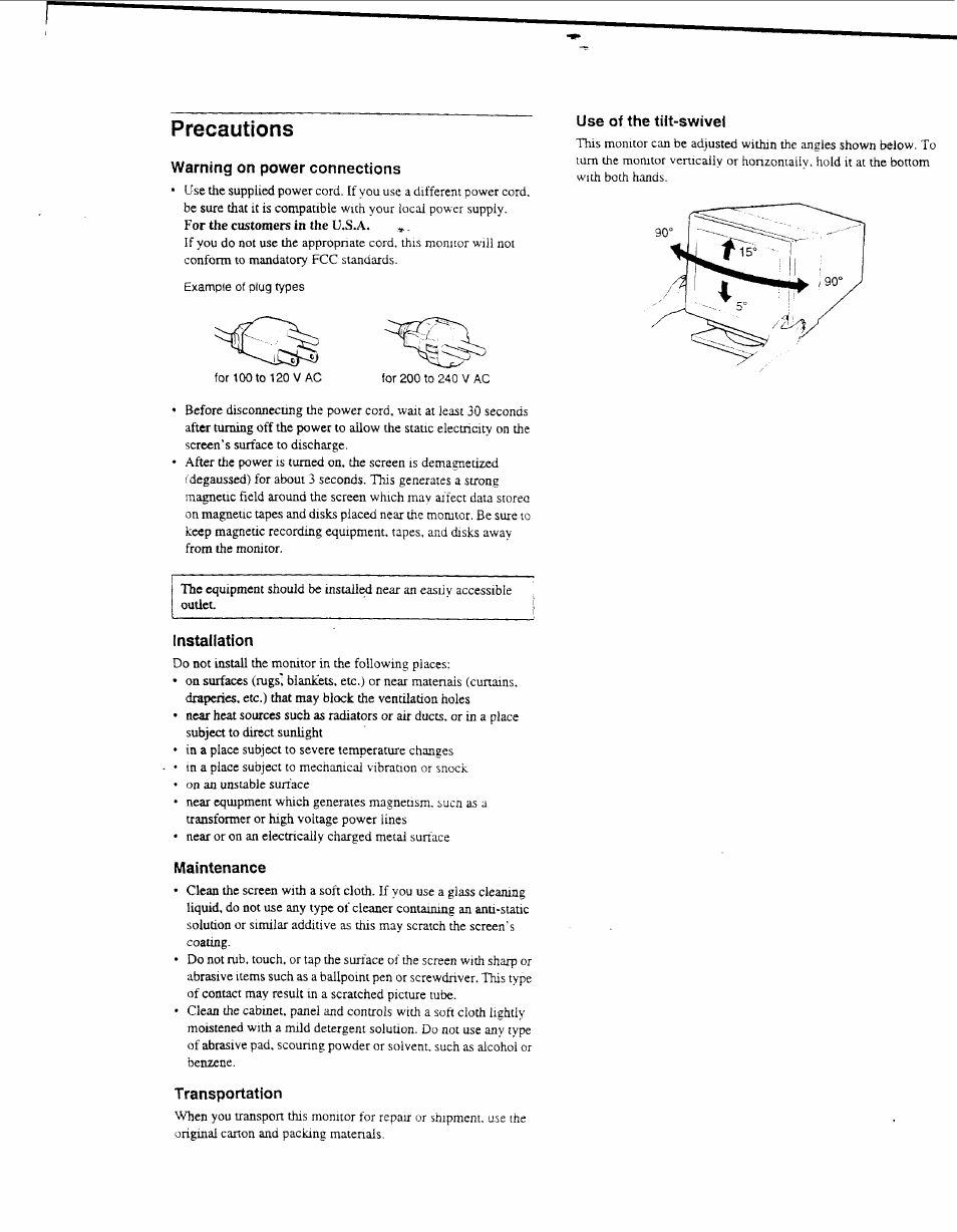 Warning on power connections, Use of the tiit-swivel, Installation | Maintenance, Transportation, Precautions | Sony GDM-F500 User Manual | Page 4 / 18