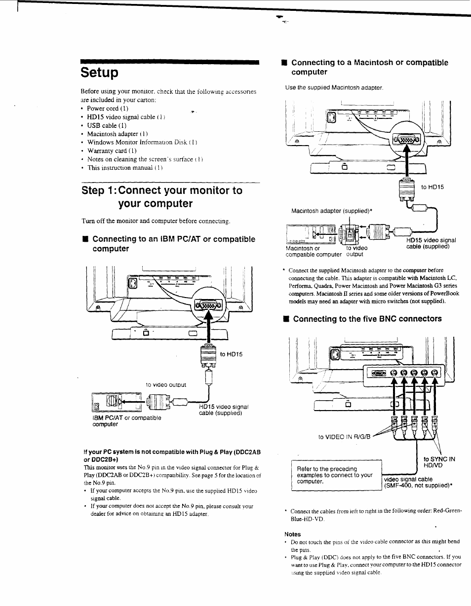 Setup, Step 1: connect your monitor to your computer | Sony GDM-F500 User Manual | Page 6 / 18