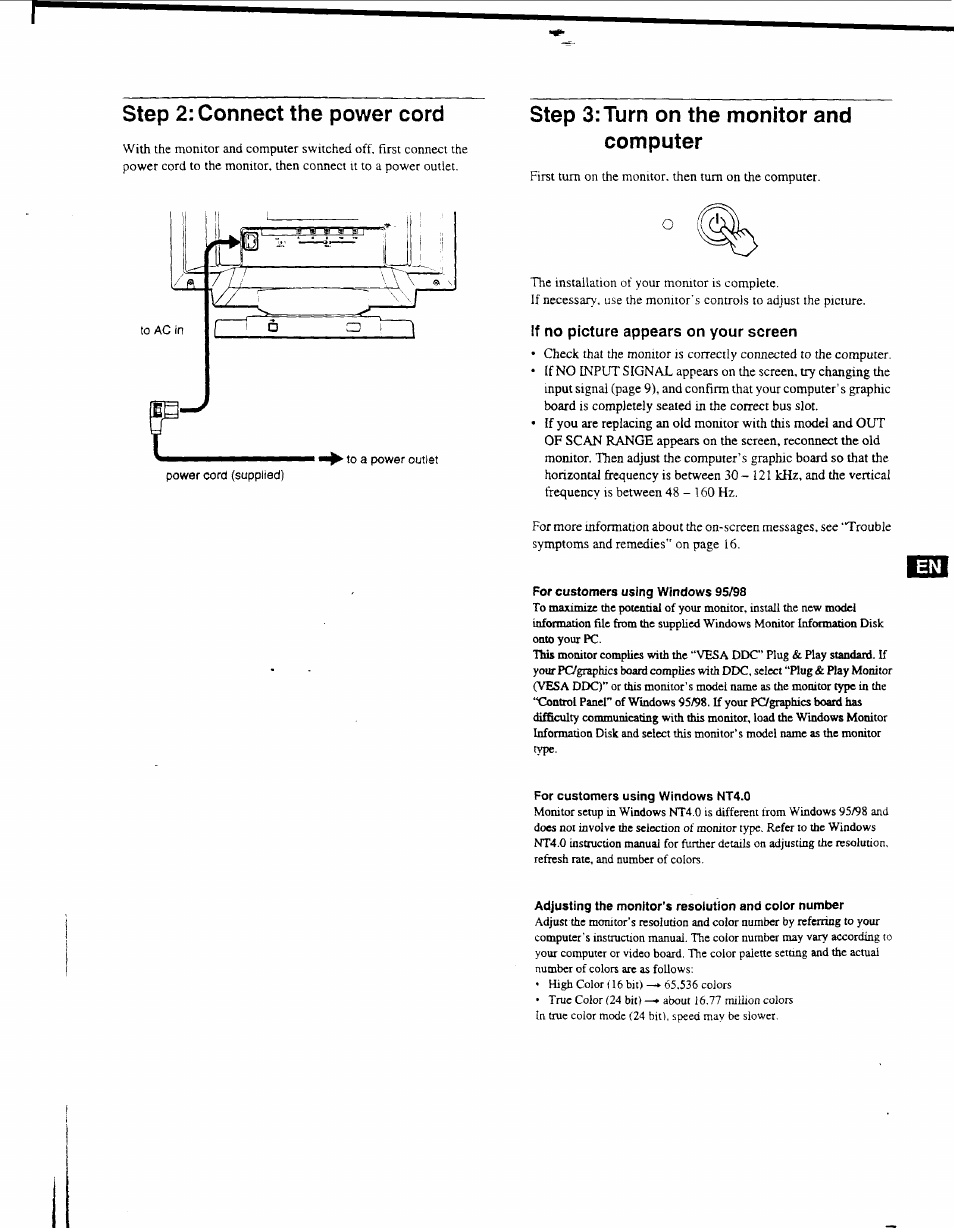 If no picture appears on your screen, Step 2: connect the power cord, Step 3;turn on the monitor and computer | Sony GDM-F500 User Manual | Page 7 / 18