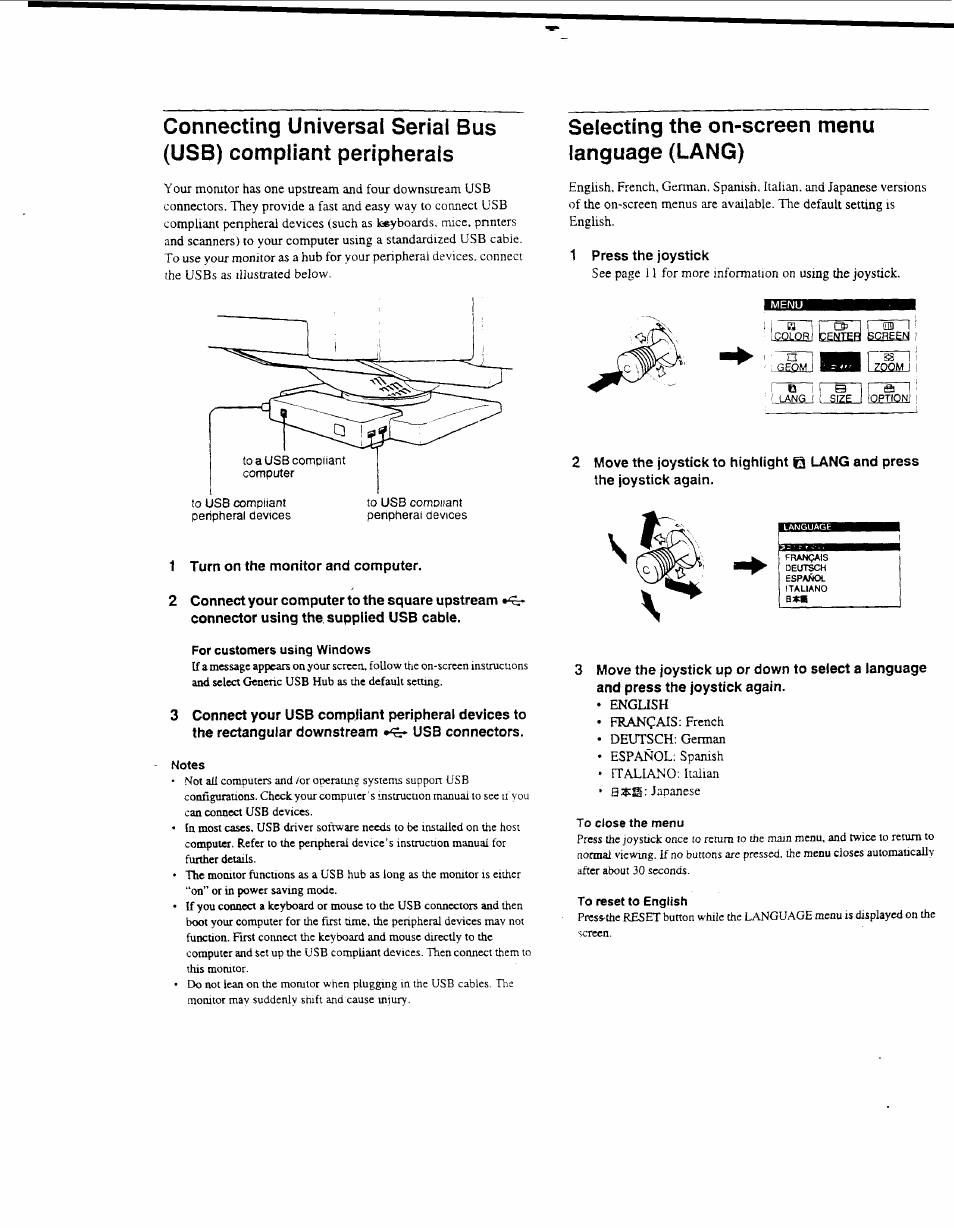 1 turn on the monitor and computer, 1 press the joystick, Step 3: turn on the monitor and computer | Selecting the on-screen menu language (lang) | Sony GDM-F500 User Manual | Page 8 / 18