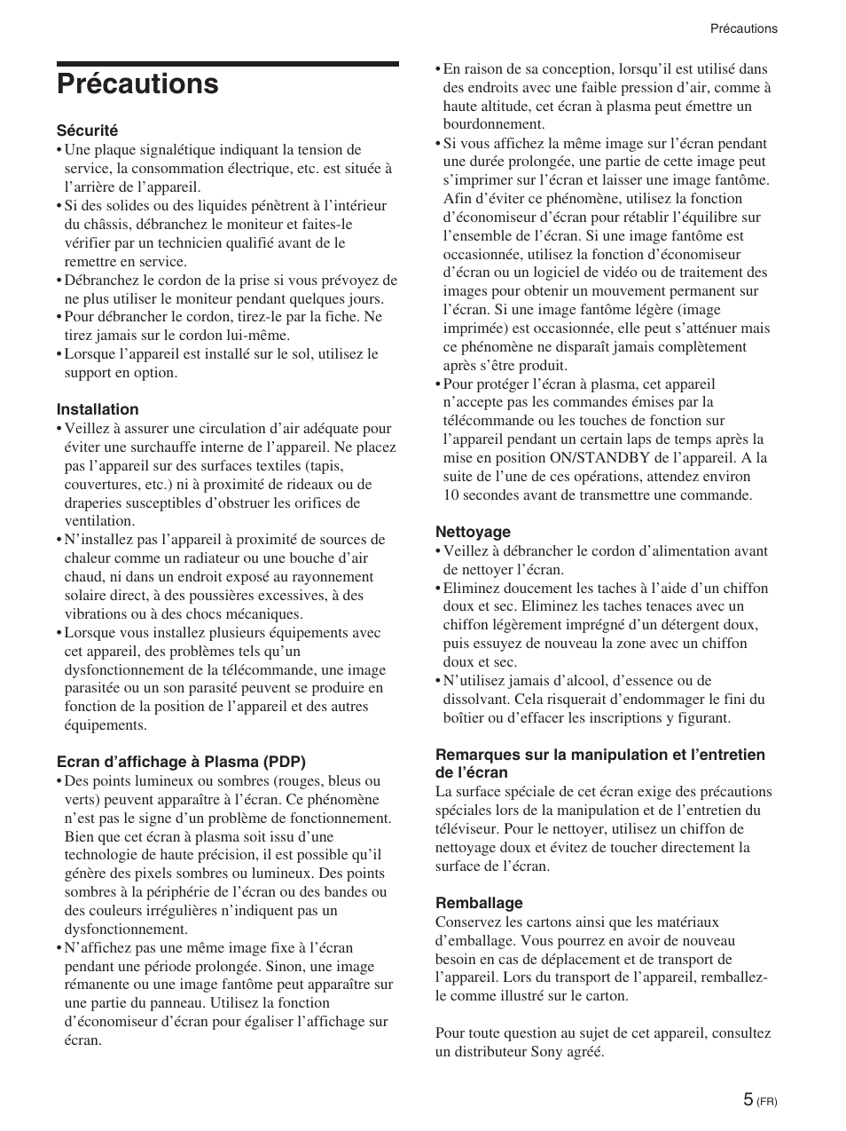 Précautions, Précautions (fr) | Sony FWD-50PX2 User Manual | Page 103 / 352