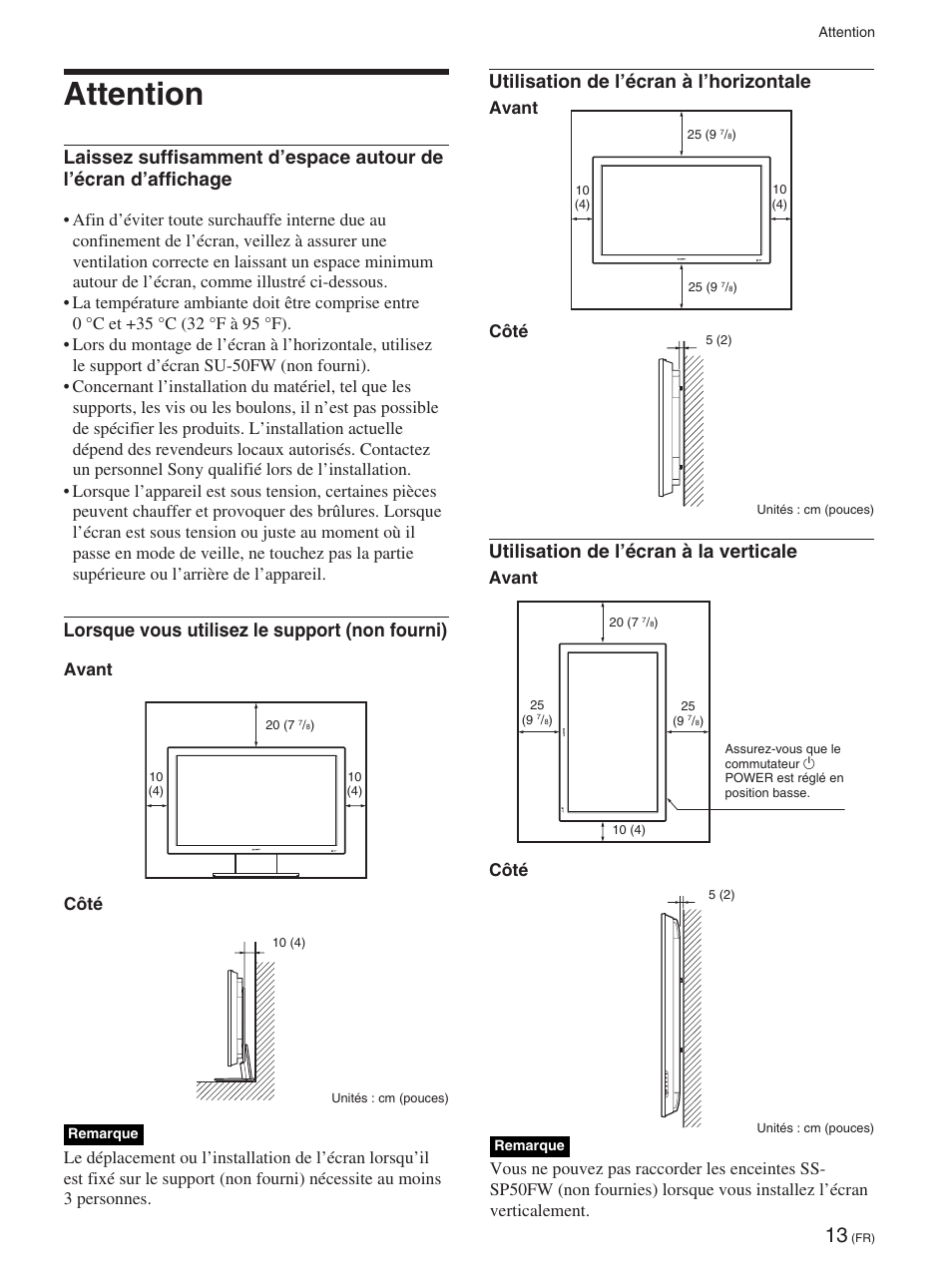 Attention, Attention (fr), Utilisation de l’écran à l’horizontale | Utilisation de l’écran à la verticale, Lorsque vous utilisez le support (non fourni), Avant côté | Sony FWD-50PX2 User Manual | Page 111 / 352