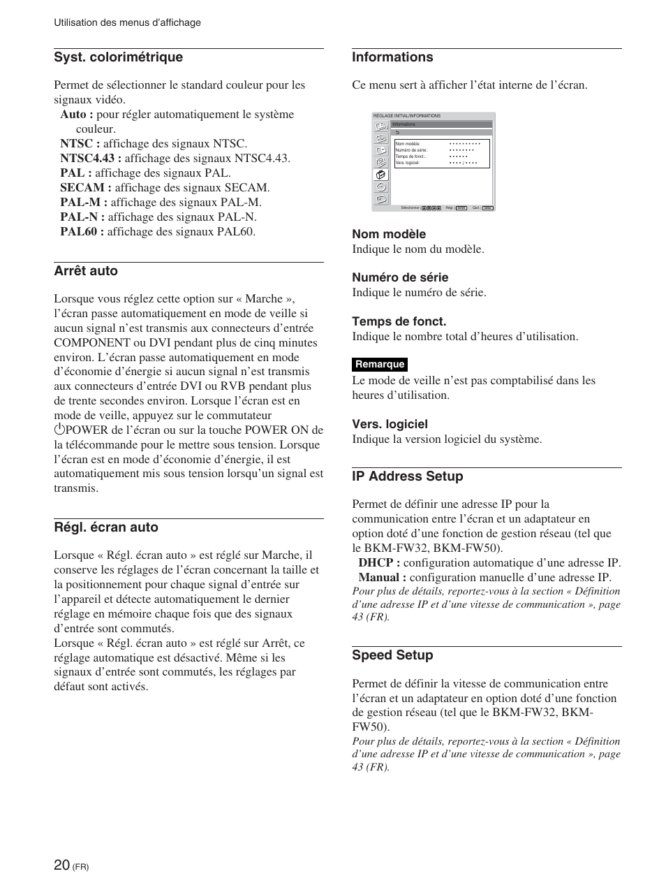 Syst. colorimétrique, Arrêt auto, Régl. écran auto | Informations, Ip address setup, Speed setup | Sony FWD-50PX2 User Manual | Page 118 / 352