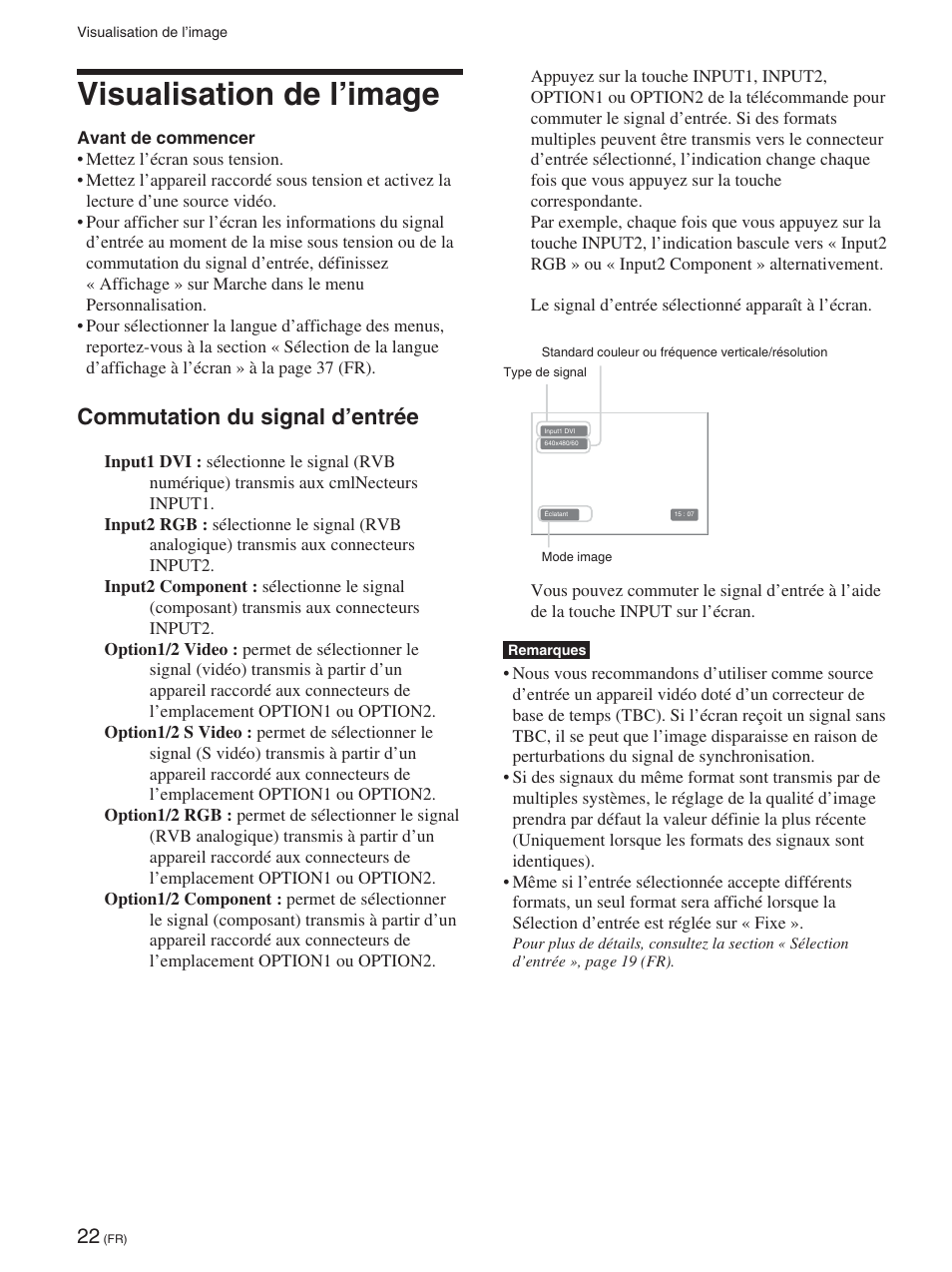 Visualisation de l’image, Commutation du signal d’entrée, Visualisation de l’image (fr) | Commutation du signal d’entrée (fr) | Sony FWD-50PX2 User Manual | Page 120 / 352