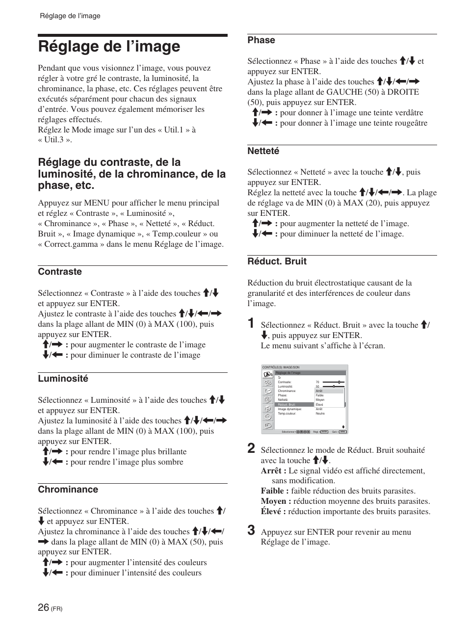 Réglage de l’image, Réglage de l’image (fr), De la phase, etc (fr) | Contraste, Luminosité, Chrominance, Phase, Netteté, Réduct. bruit | Sony FWD-50PX2 User Manual | Page 124 / 352