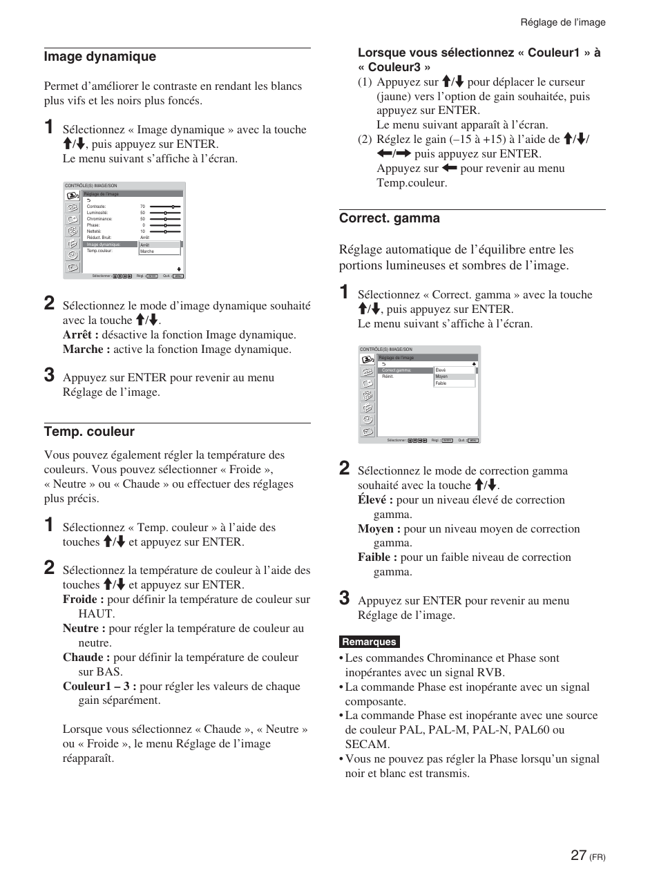 Image dynamique, Temp. couleur | Sony FWD-50PX2 User Manual | Page 125 / 352