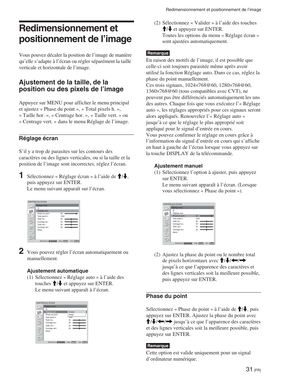 Redimensionnement et positionnement de l’image, Redimensionnement et positionnement de, L’image (fr) | Réglage écran, Phase du point, Remarque | Sony FWD-50PX2 User Manual | Page 129 / 352