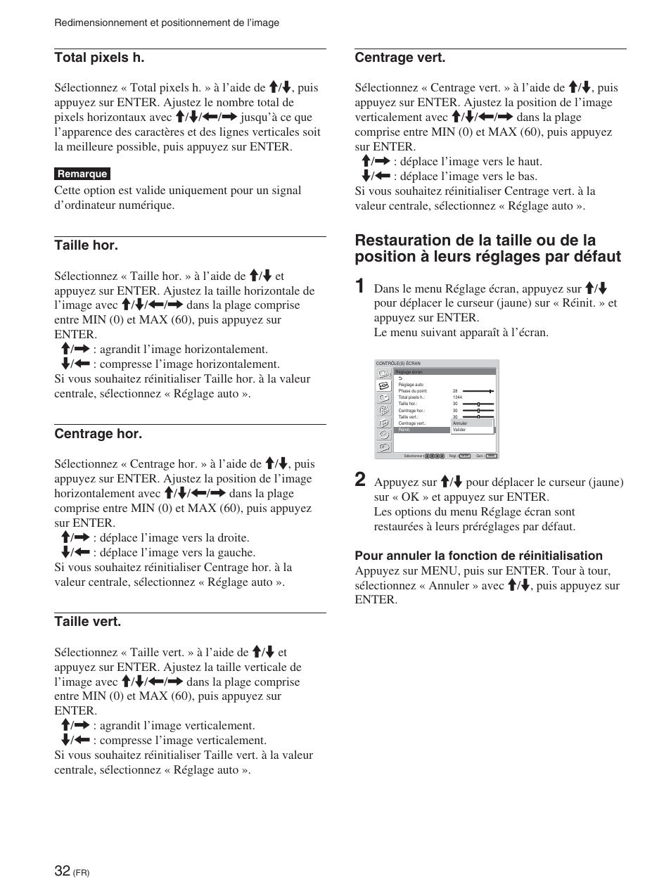 Par défaut (fr), Total pixels h, Taille hor | Centrage hor, Taille vert, Centrage vert | Sony FWD-50PX2 User Manual | Page 130 / 352