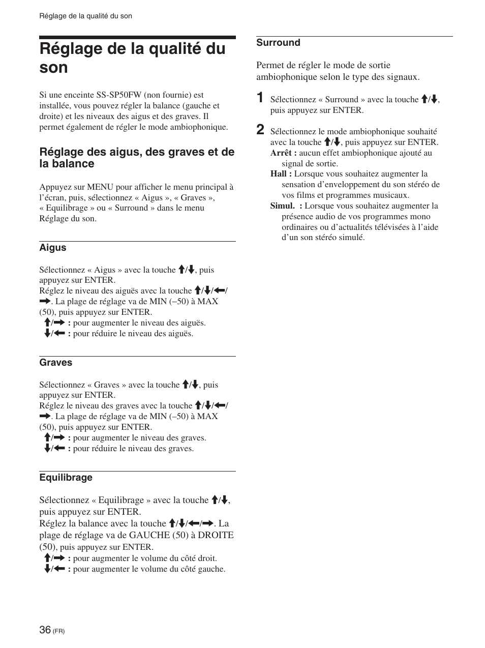 Réglage de la qualité du son, Réglage des aigus, des graves et de la balance, Réglage de la qualité du son (fr) | Sony FWD-50PX2 User Manual | Page 134 / 352