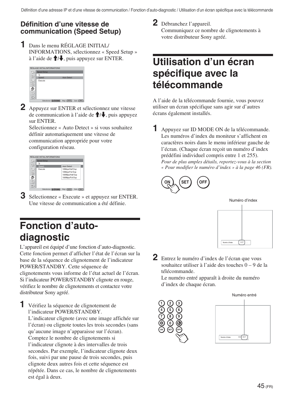 Fonction d’auto-diagnostic, Définition d’une vitesse de communication, Speed setup) (fr) | Fonction d’auto-diagnostic (fr), Utilisation d’un écran spécifique avec, La télécommande (fr), Fonction d’auto- diagnostic | Sony FWD-50PX2 User Manual | Page 143 / 352