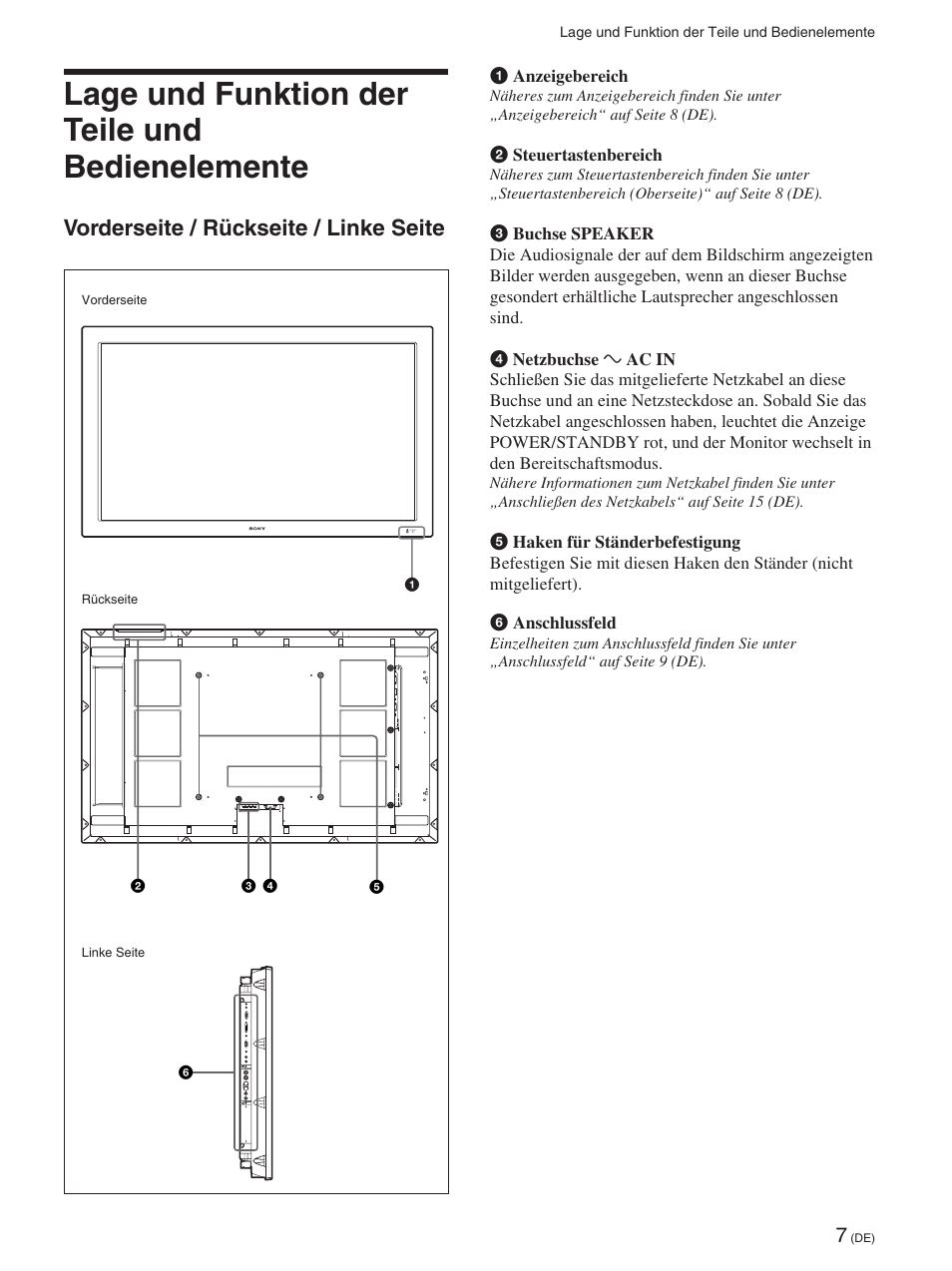 Lage und funktion der teile und bedienelemente, Vorderseite / rückseite / linke seite, Lage und funktion der teile und | Bedienelemente (de), Vorderseite / rückseite / linke seite (de) | Sony FWD-50PX2 User Manual | Page 155 / 352