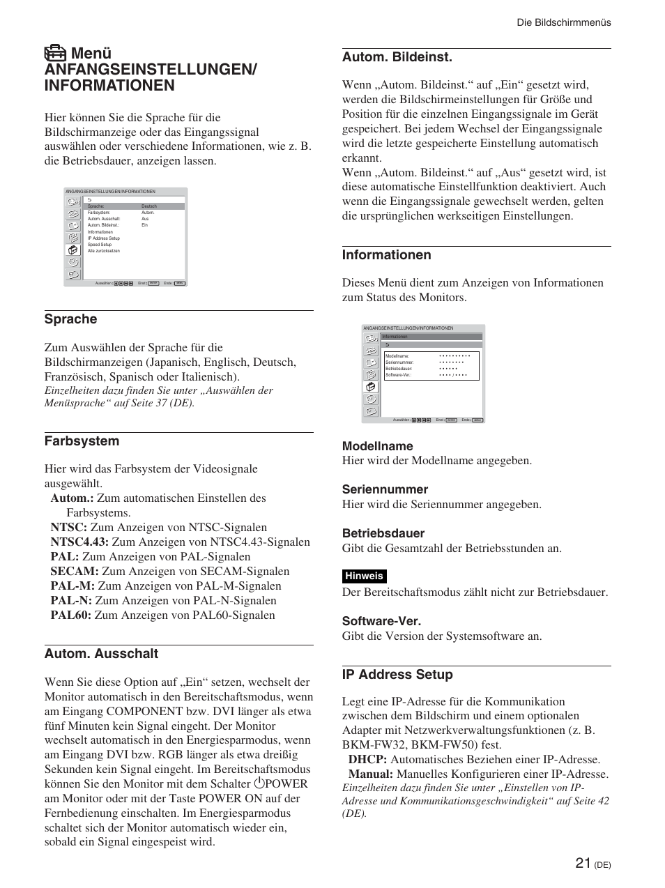 Menü anfangseinstellungen/ informationen, Sprache, Farbsystem | Autom. ausschalt, Autom. bildeinst, Informationen, Ip address setup | Sony FWD-50PX2 User Manual | Page 169 / 352