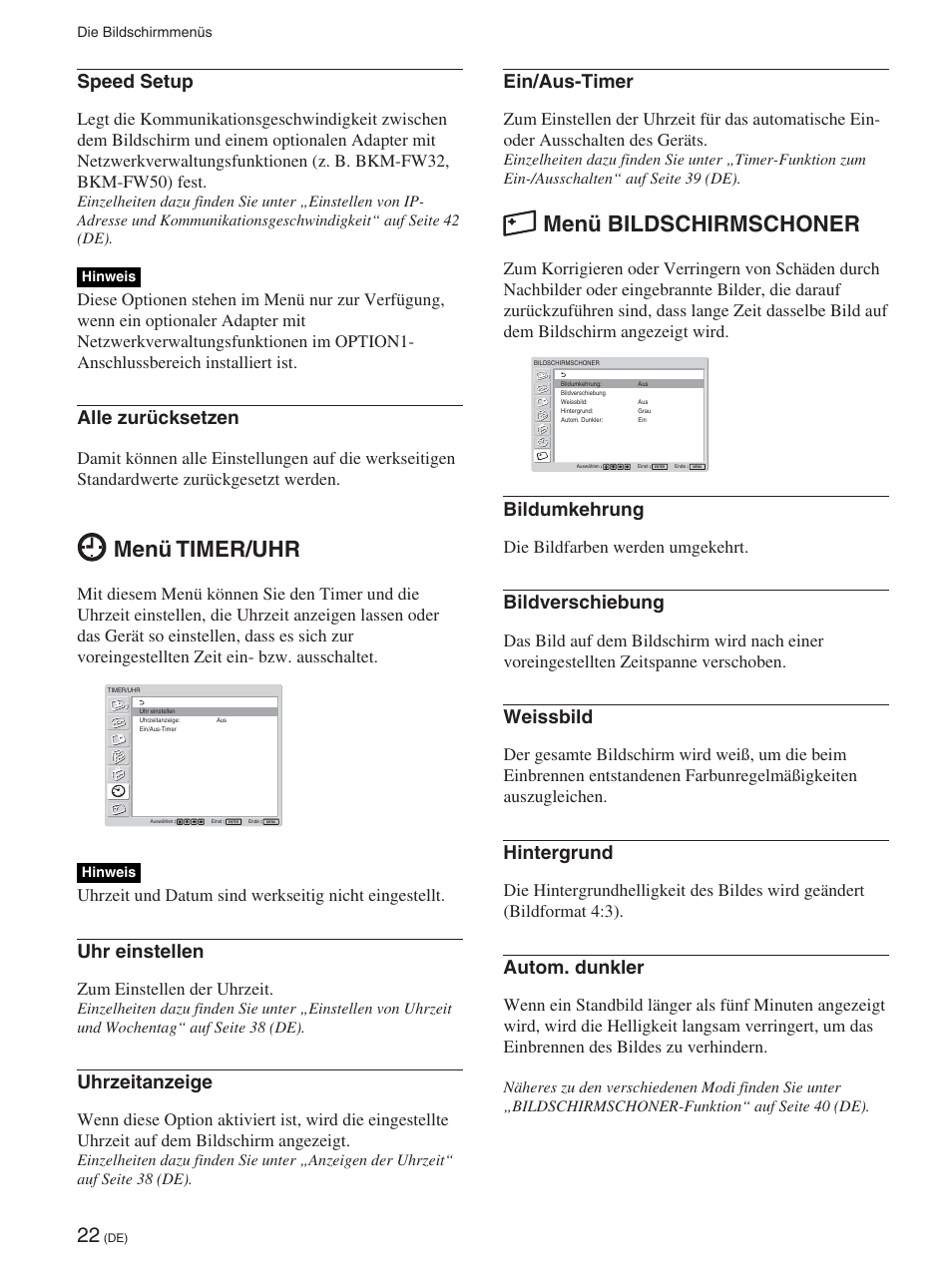 Menü timer/uhr, Menü bildschirmschoner, Speed setup | Alle zurücksetzen, Uhr einstellen, Uhrzeitanzeige, Ein/aus-timer, Bildumkehrung, Bildverschiebung, Weissbild | Sony FWD-50PX2 User Manual | Page 170 / 352