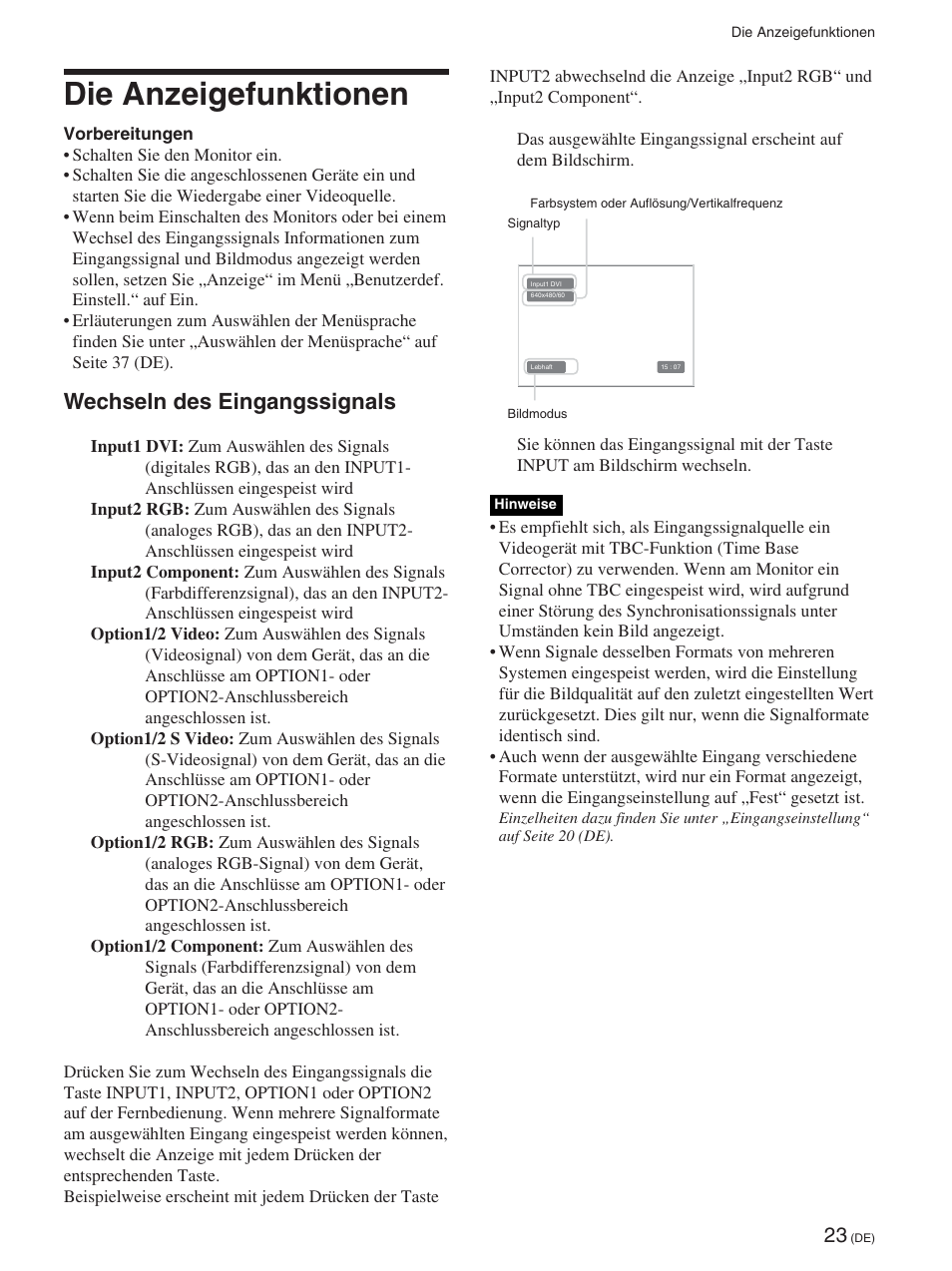 Die anzeigefunktionen, Wechseln des eingangssignals, Die anzeigefunktionen (de) | Wechseln des eingangssignals (de) | Sony FWD-50PX2 User Manual | Page 171 / 352