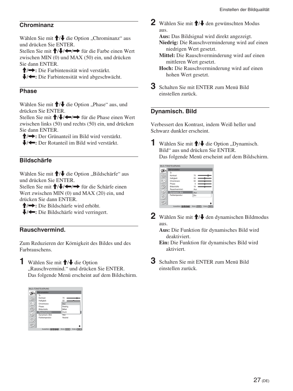 Chrominanz, Phase, Bildschärfe | Rauschvermind, Dynamisch. bild | Sony FWD-50PX2 User Manual | Page 175 / 352