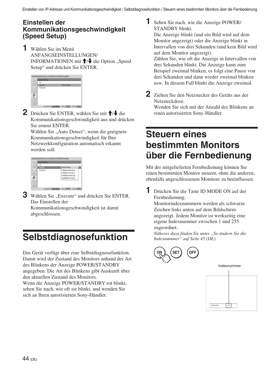 Selbstdiagnosefunktion, Einstellen der kommunikationsgeschwindigkeit, Speed setup) (de) | Selbstdiagnosefunktion (de), Steuern eines bestimmten monitors über die, Fernbedienung (de) | Sony FWD-50PX2 User Manual | Page 192 / 352