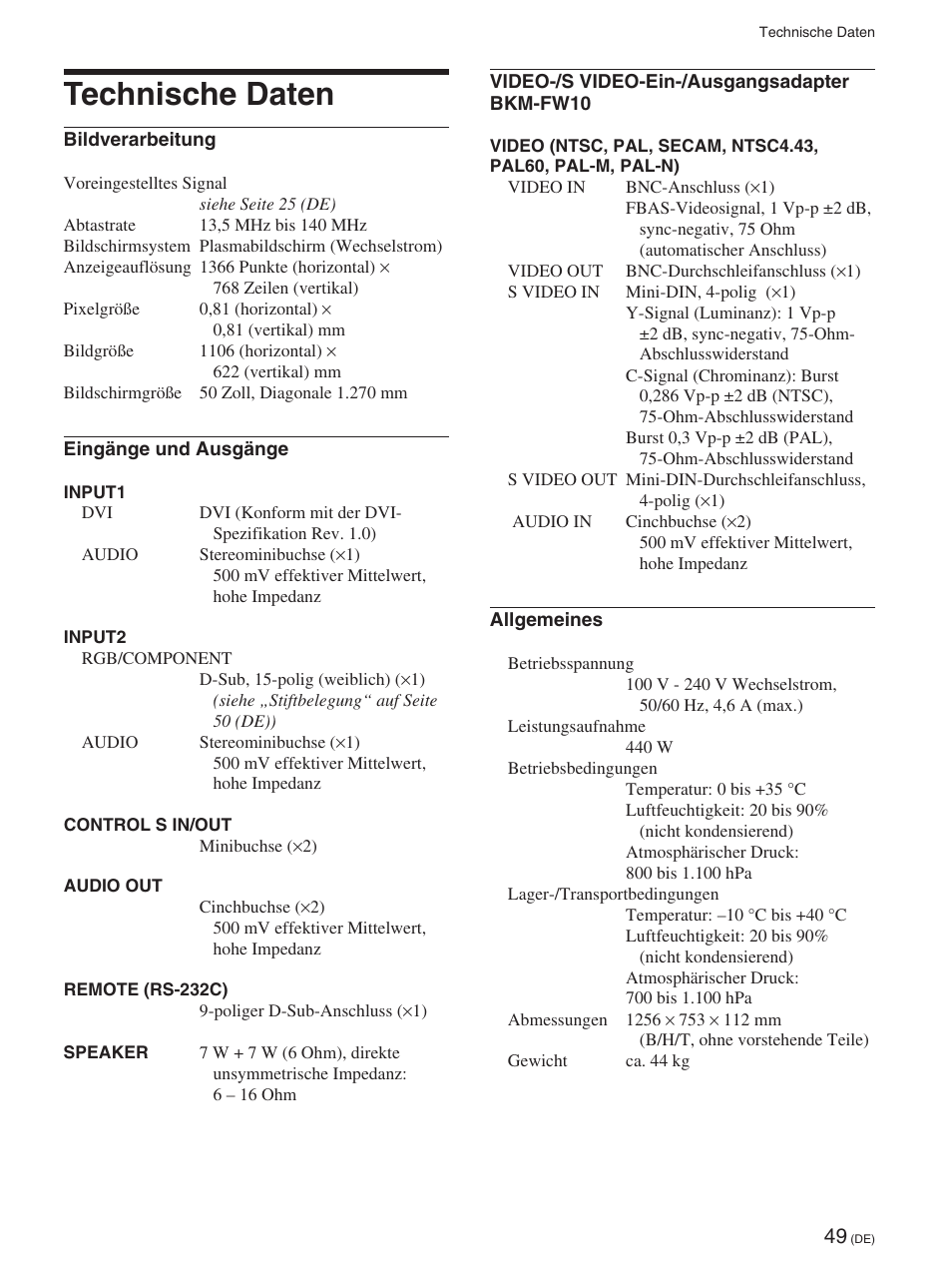 Technische daten, Technische daten (de) | Sony FWD-50PX2 User Manual | Page 197 / 352