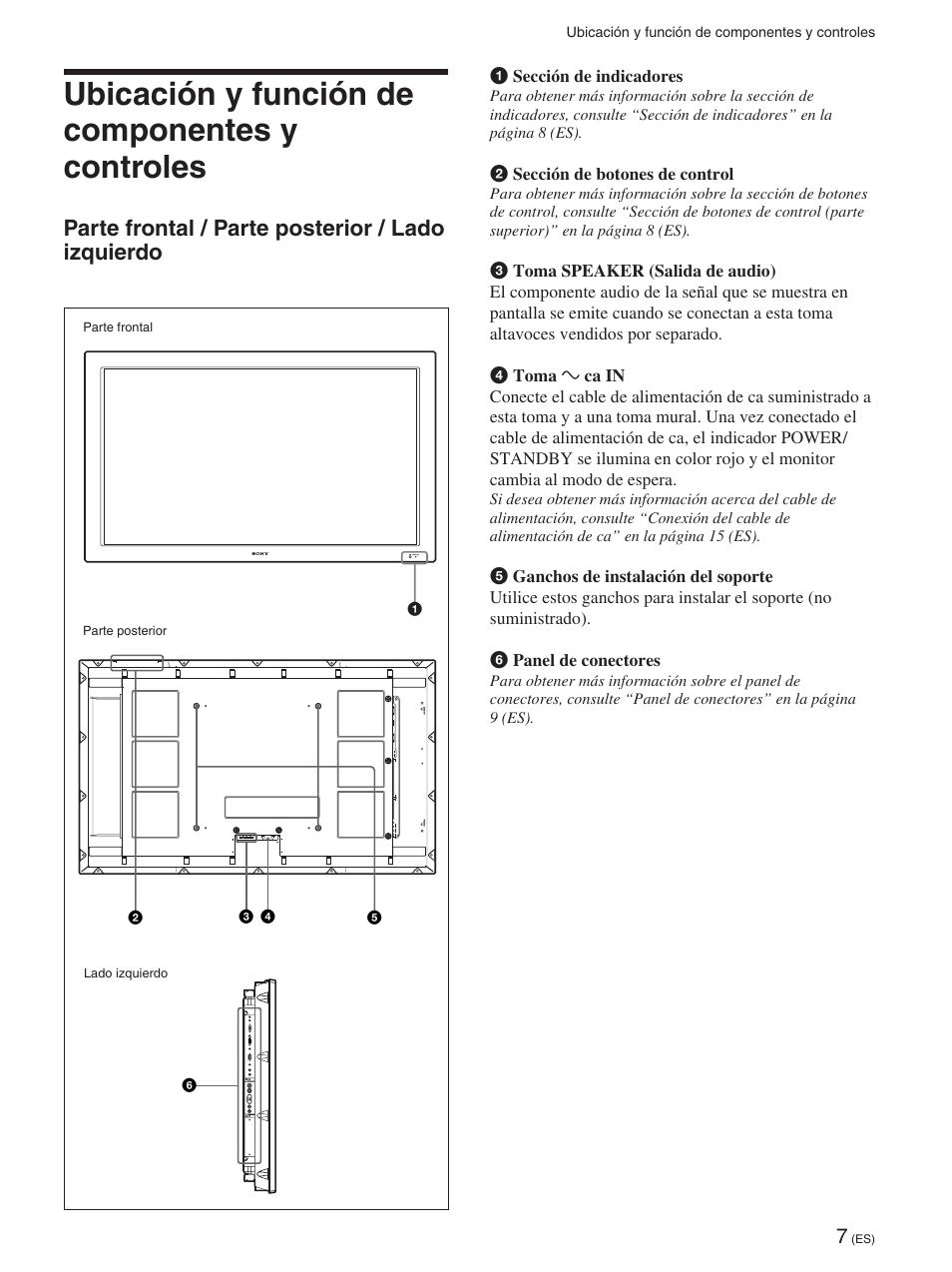 Ubicación y función de componentes y controles, Parte frontal / parte posterior / lado izquierdo, Ubicación y función de componentes y | Controles (es) | Sony FWD-50PX2 User Manual | Page 205 / 352