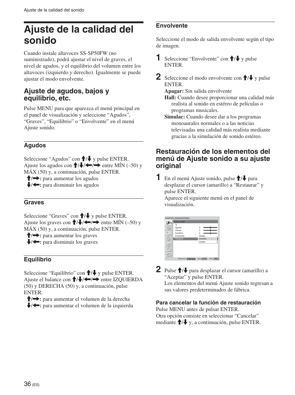 Ajuste de la calidad del sonido, Ajuste de agudos, bajos y equilibrio, etc, Ajuste de la calidad del sonido (es) | Ajuste de agudos, bajos y equilibrio, etc (es), A su ajuste original (es), Agudos, Graves, Equilibrio, Envolvente | Sony FWD-50PX2 User Manual | Page 234 / 352