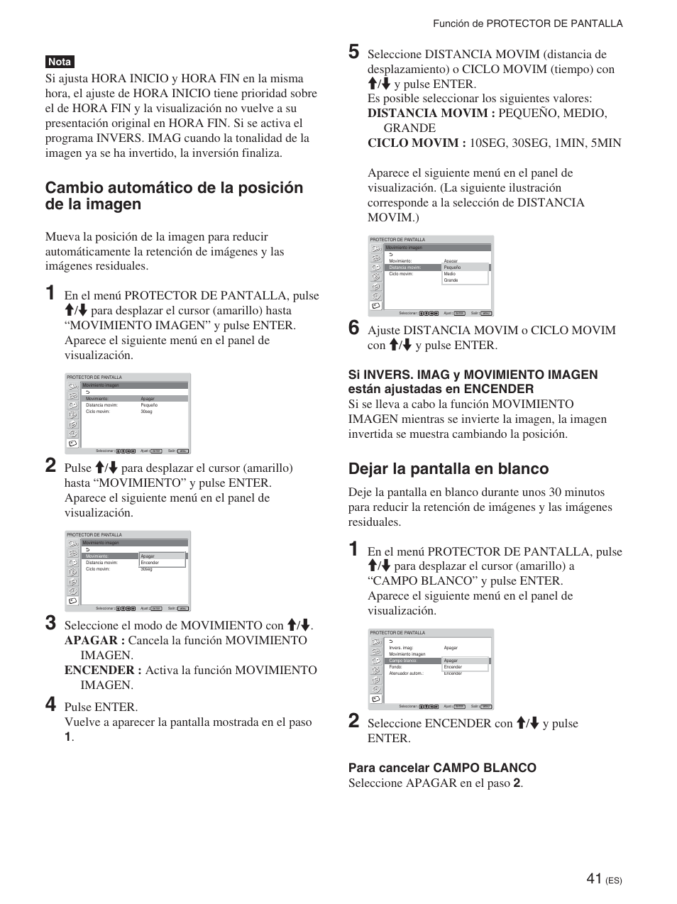 Cambio automático de la posición de la imagen, Dejar la pantalla en blanco, Cambio automático de la posición de la imagen (es) | Dejar la pantalla en blanco (es) | Sony FWD-50PX2 User Manual | Page 239 / 352