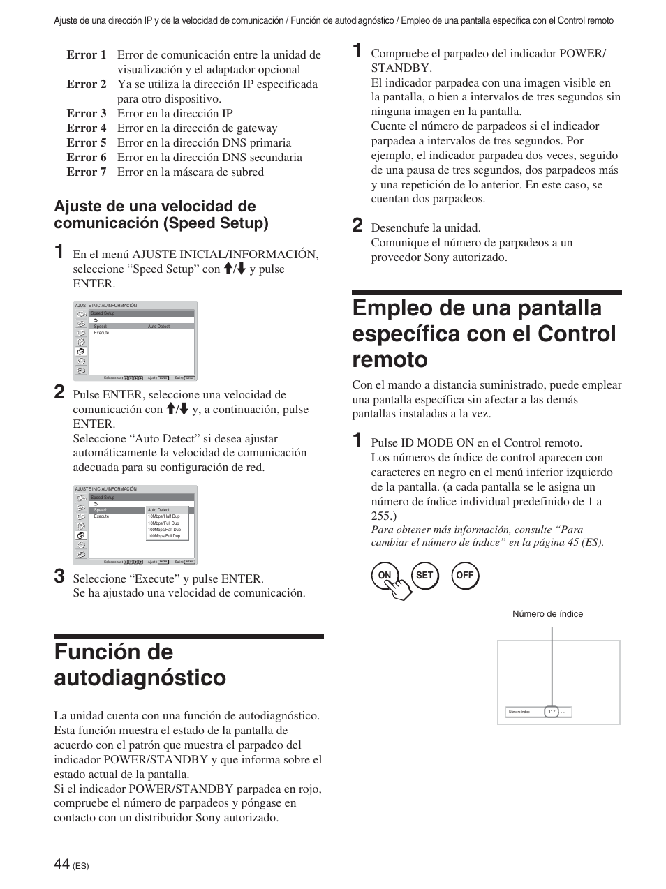 Función de autodiagnóstico, Ajuste de una velocidad de comunicación, Speed setup) (es) | Función de autodiagnóstico (es), Empleo de una pantalla específica con el control, Remoto (es) | Sony FWD-50PX2 User Manual | Page 242 / 352