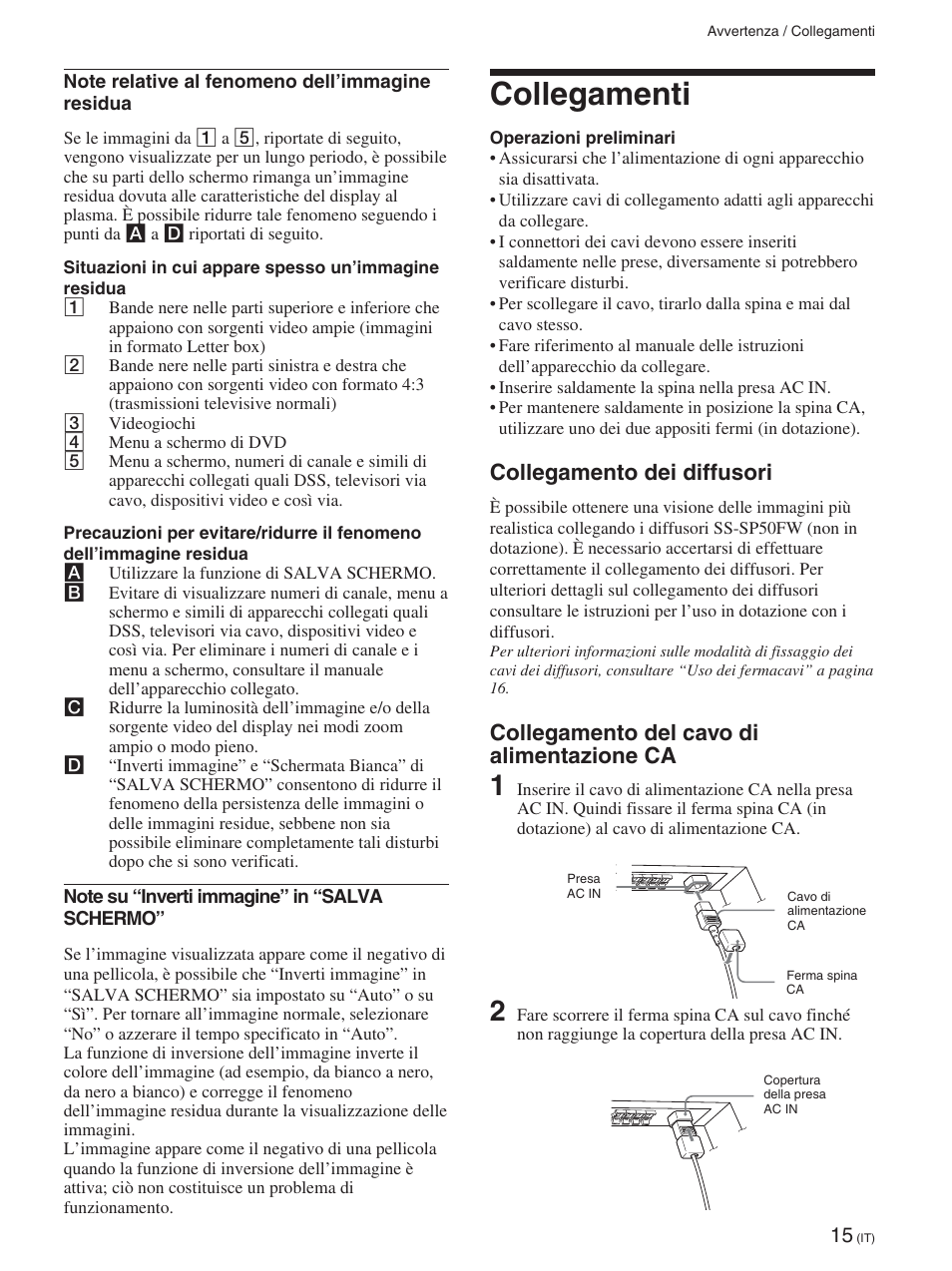 Collegamenti, Collegamento dei diffusori, Collegamento del cavo di alimentazione ca | Collegamenti (it), Collegamento dei diffusori (it), Collegamento del cavo di alimentazione ca (it) | Sony FWD-50PX2 User Manual | Page 263 / 352