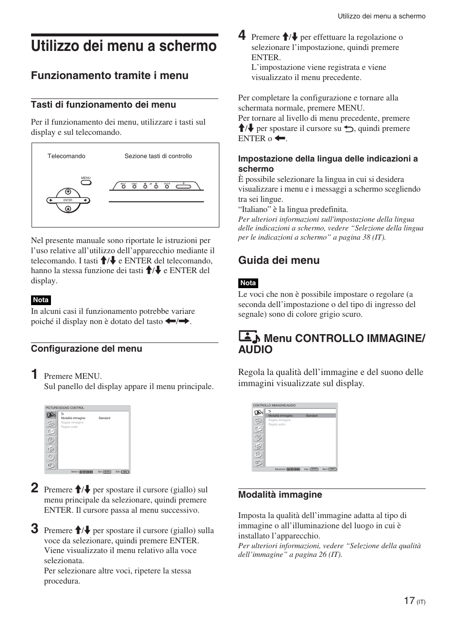 Utilizzo dei menu a schermo, Funzionamento tramite i menu, Guida dei menu | Utilizzo dei menu a schermo (it), Funzionamento tramite i menu (it), Guida dei menu (it), Menu controllo immagine/ audio, Tasti di funzionamento dei menu, Configurazione del menu, Modalità immagine | Sony FWD-50PX2 User Manual | Page 265 / 352