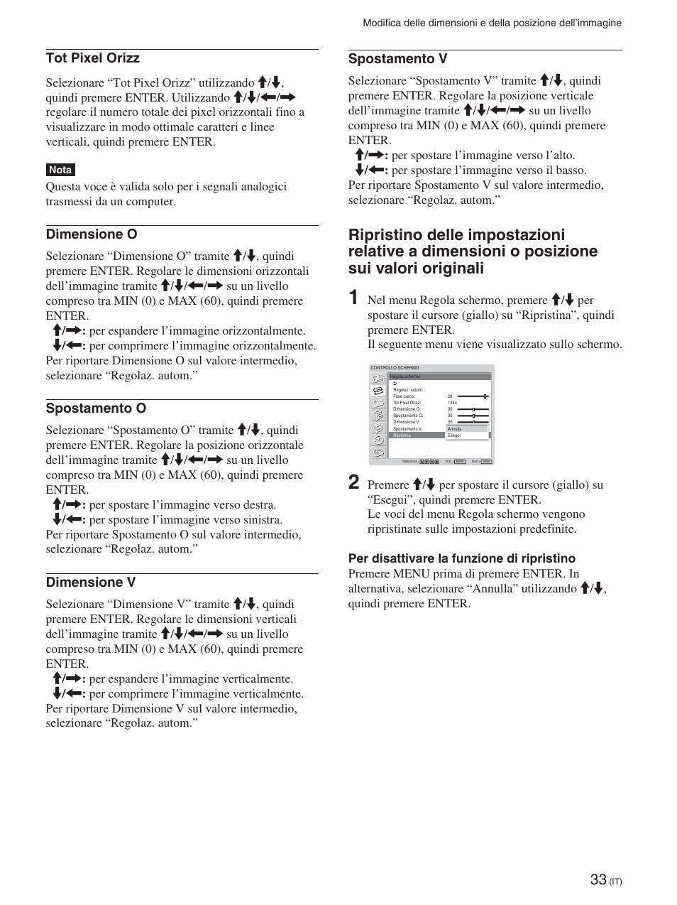 Posizione sui valori originali (it), Tot pixel orizz, Dimensione o | Spostamento o, Dimensione v, Spostamento v | Sony FWD-50PX2 User Manual | Page 281 / 352