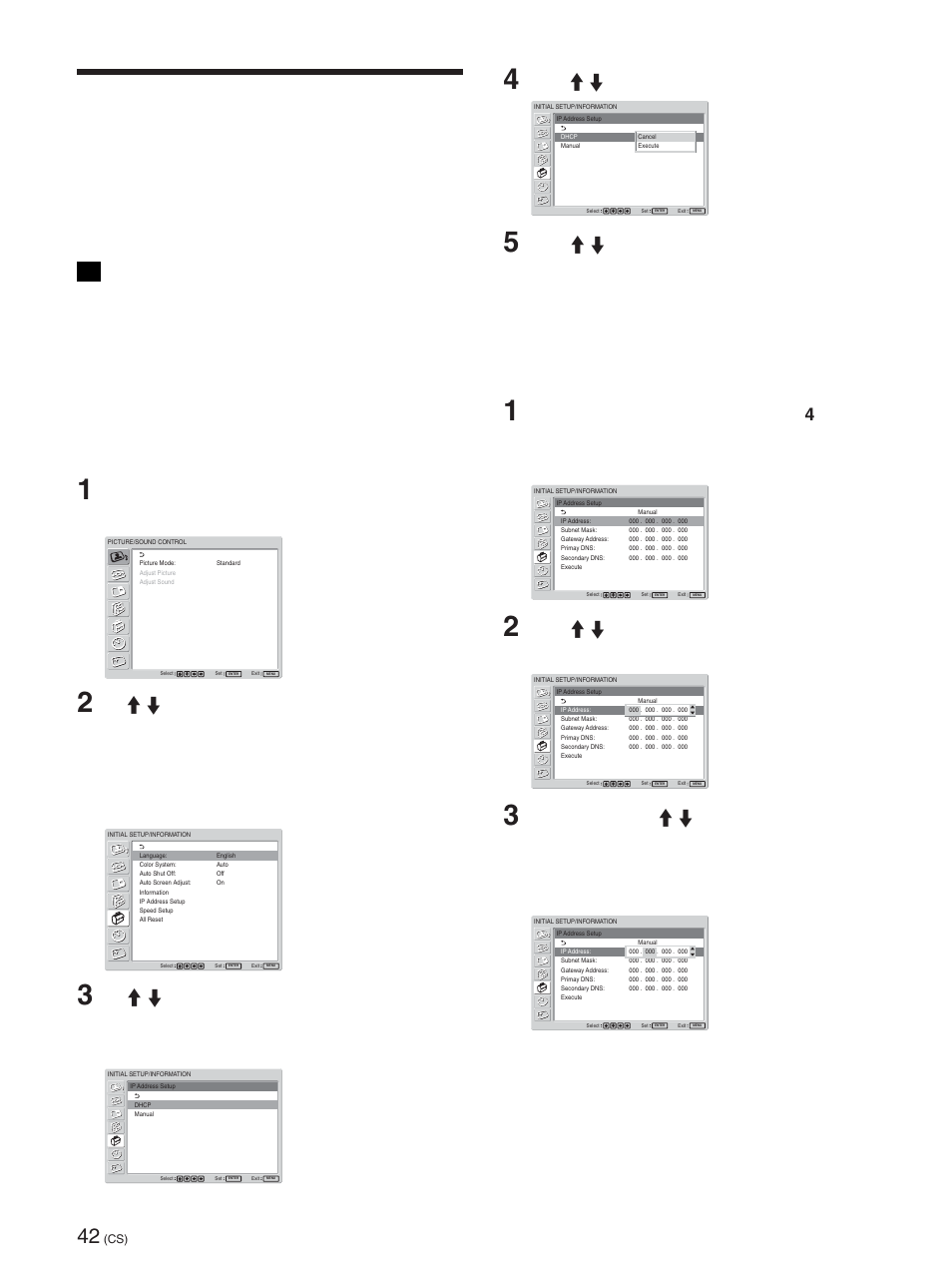 设置ip 地址和通讯速度, 自动获取ip 地址(dhcp), 手动设定ip 地址(manual) | 设置 ip 地址和通讯速度 (cs), 自动获取 ip 地址 (dhcp) (cs), 手动设定 ip 地址 (manual) (cs), 自动获取 ip 地址 (dhcp), 手动设定 ip 地址 (manual), 按 menu（菜单）。 屏幕上显示主菜单, 使用 m/m 选择 “dhcp”，然后按 enter | Sony FWD-50PX2 User Manual | Page 342 / 352